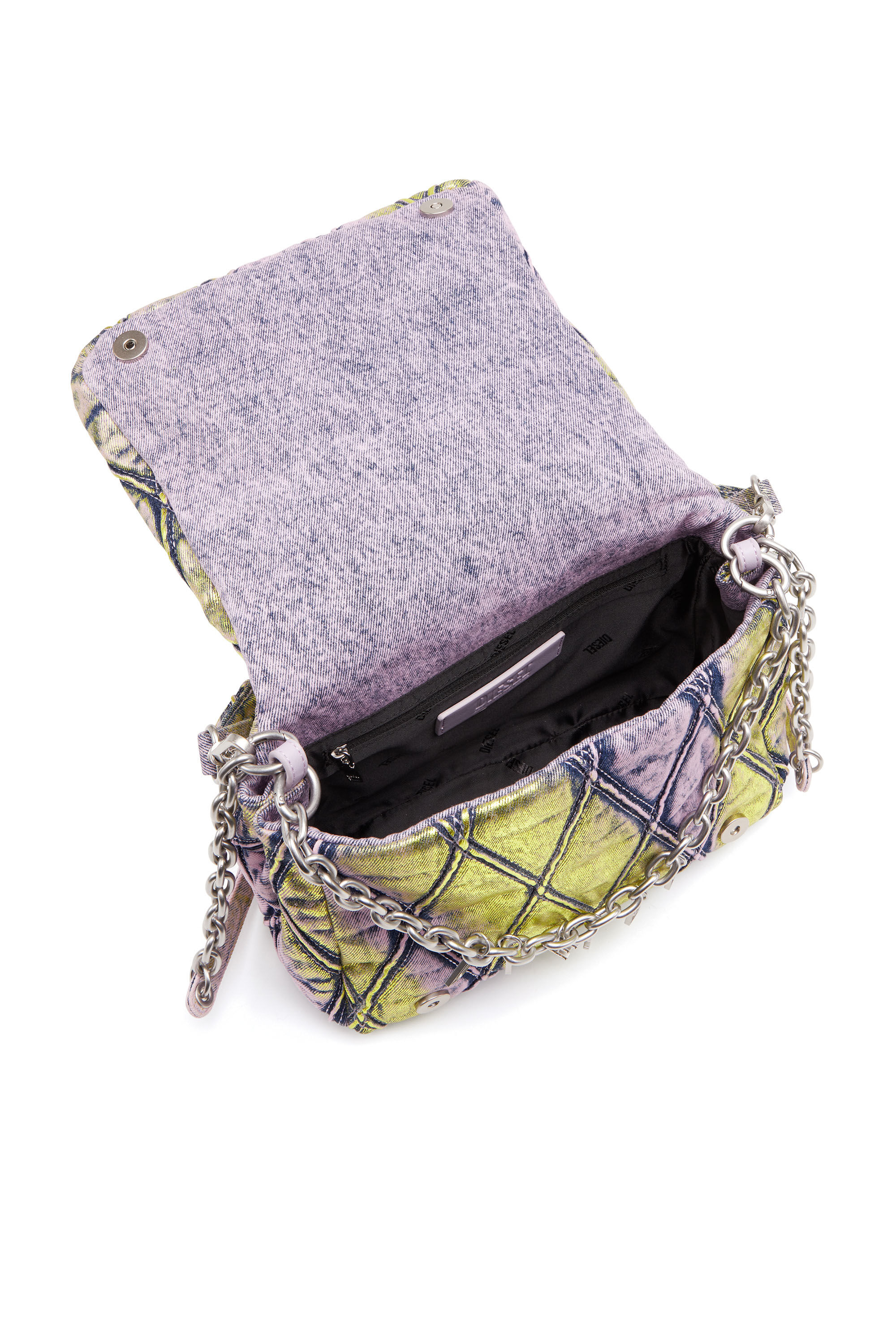 Diesel - CHARM-D SHOULDER M, Woman's Charm-D M-Shoulder bag in shimmering quilted denim in Pink/Yellow - 4