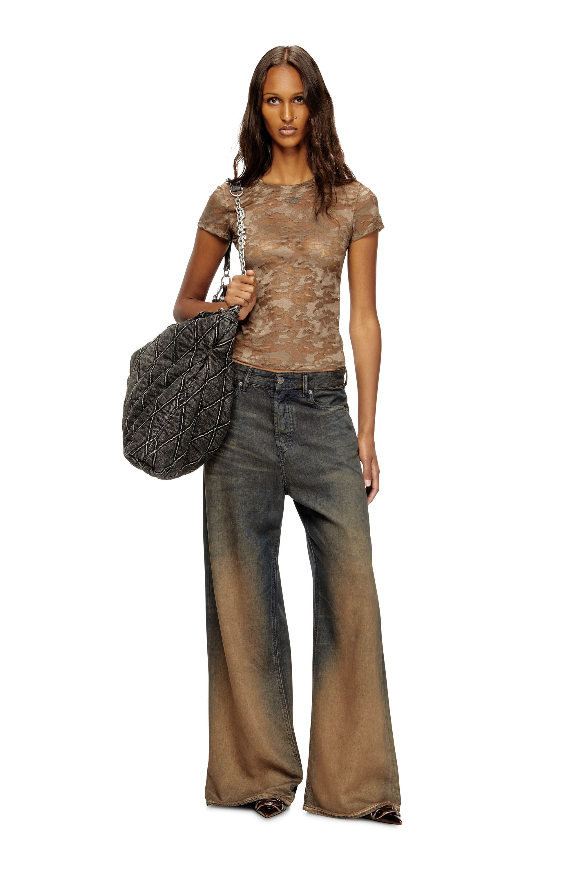 Diesel - KASIA-UTLT, T-shirt en dentelle camouflage Femme in Marron - 5