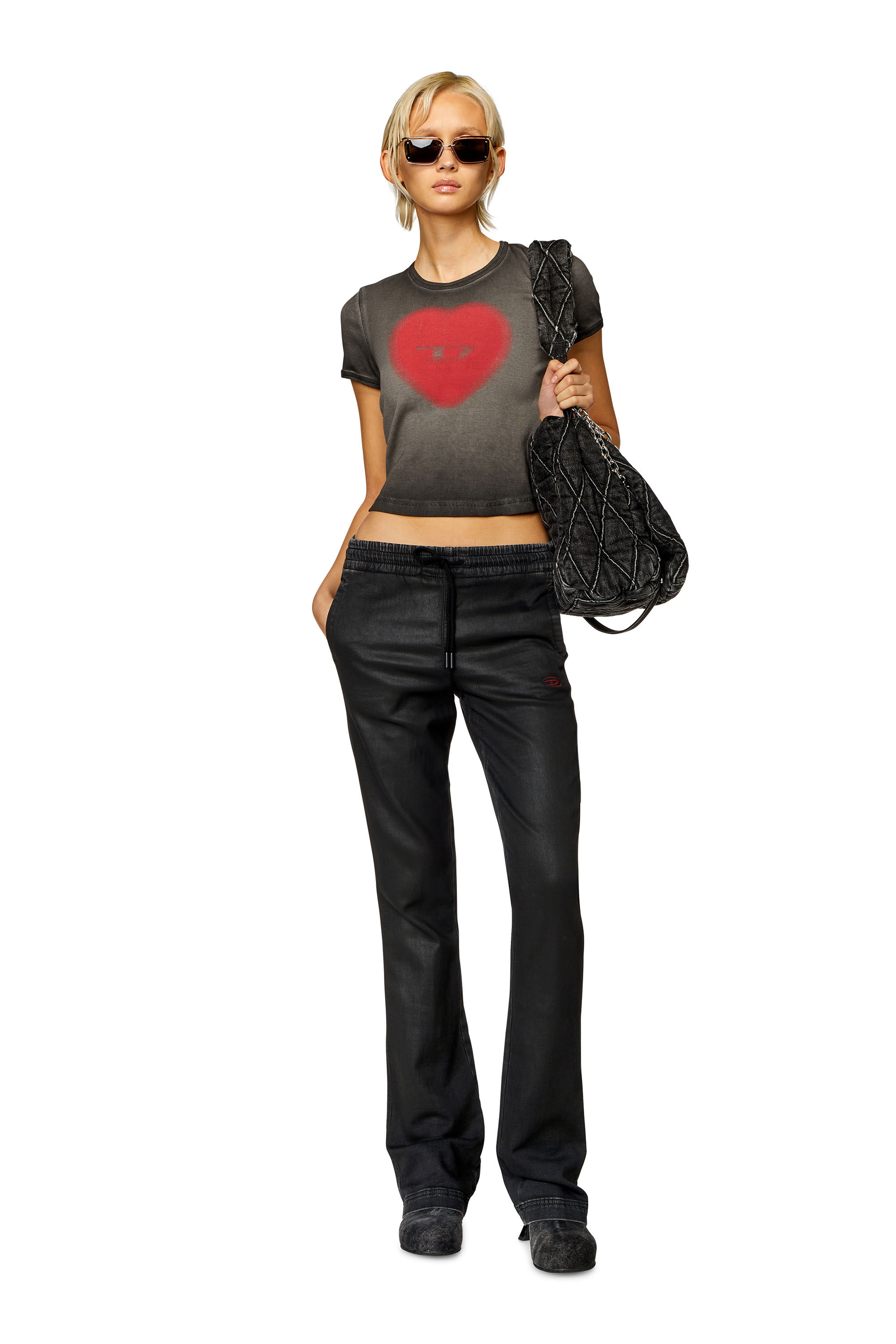 Diesel - T-ELE, Woman's Ribbed T-shirt with watercolour heart D in Black - 1