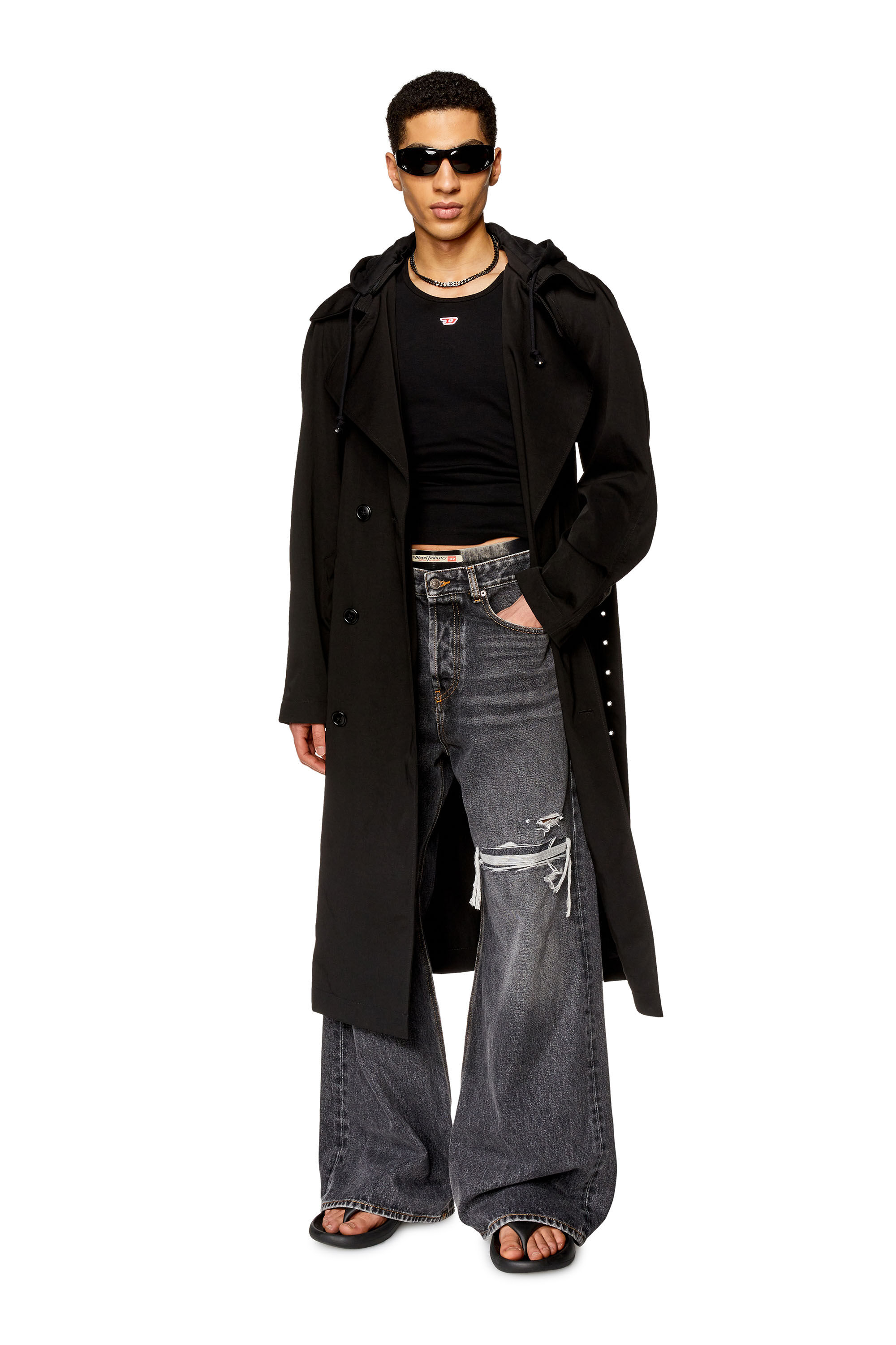 Diesel - J-MATTHEW, Male's Trench in nylon twill with hood in Black - 3
