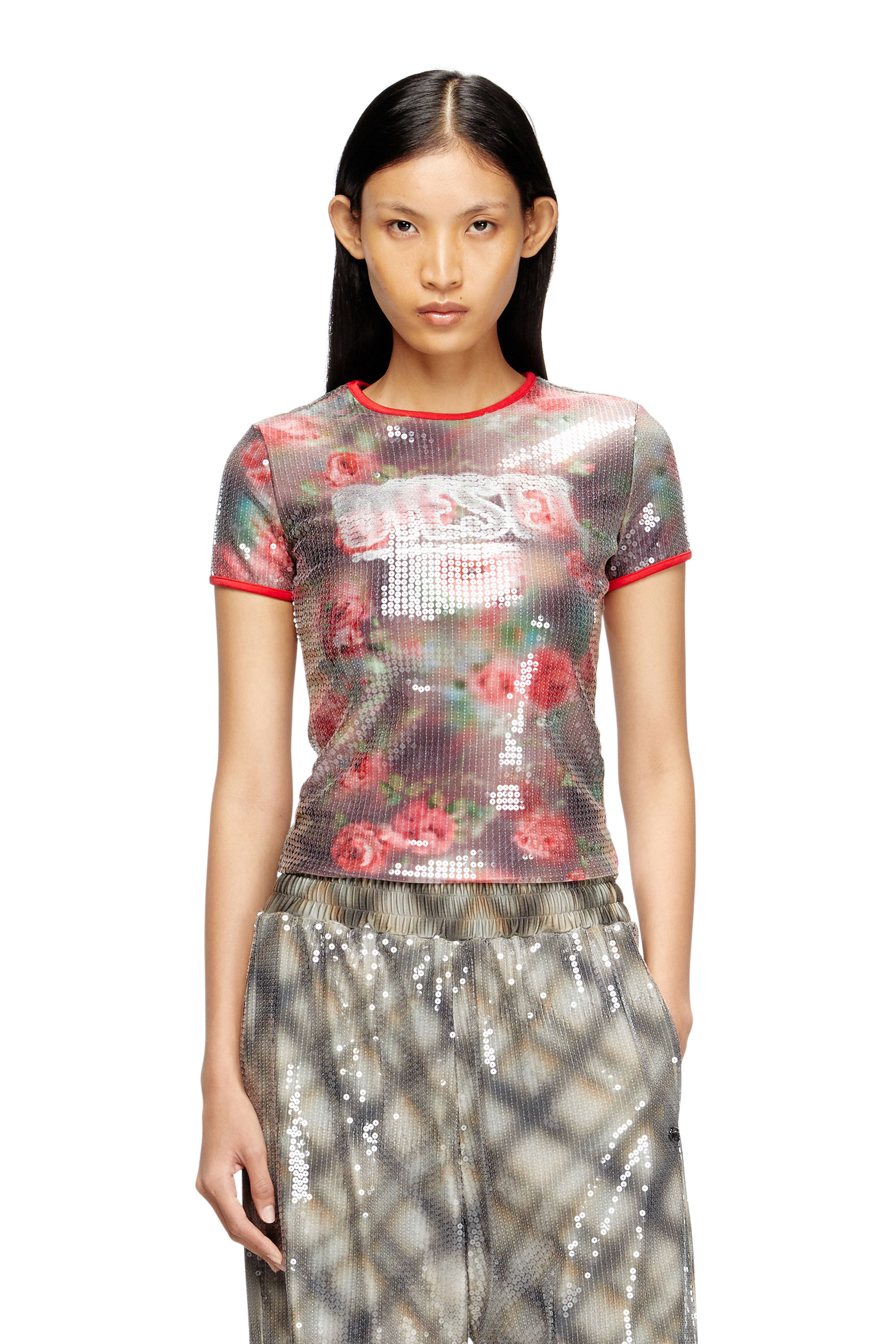 Women's Skinny floral print jersey top with sequins | Multicolor