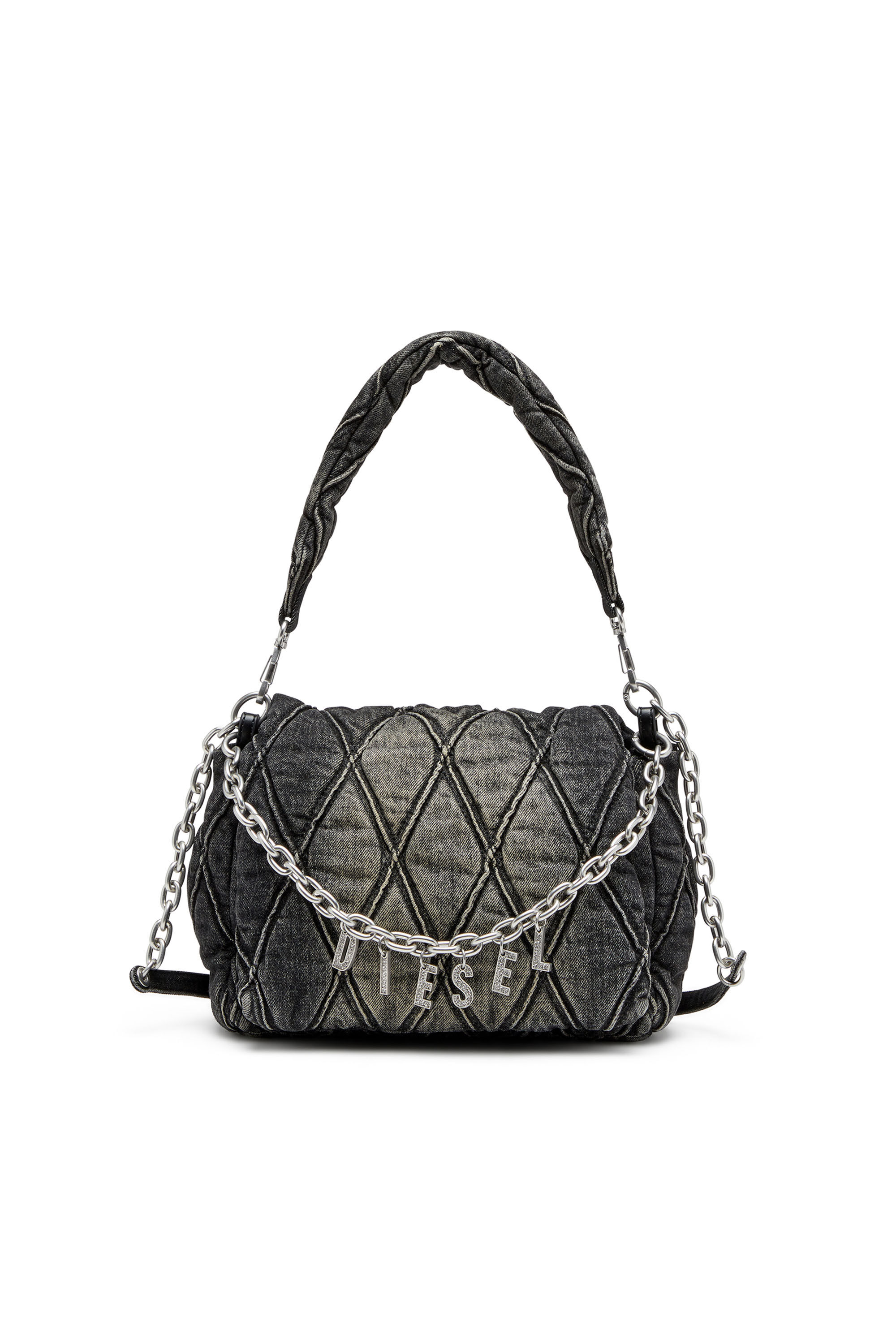 Women's Charm-D Shoulder M bag in quilted Denim | Black | Diesel