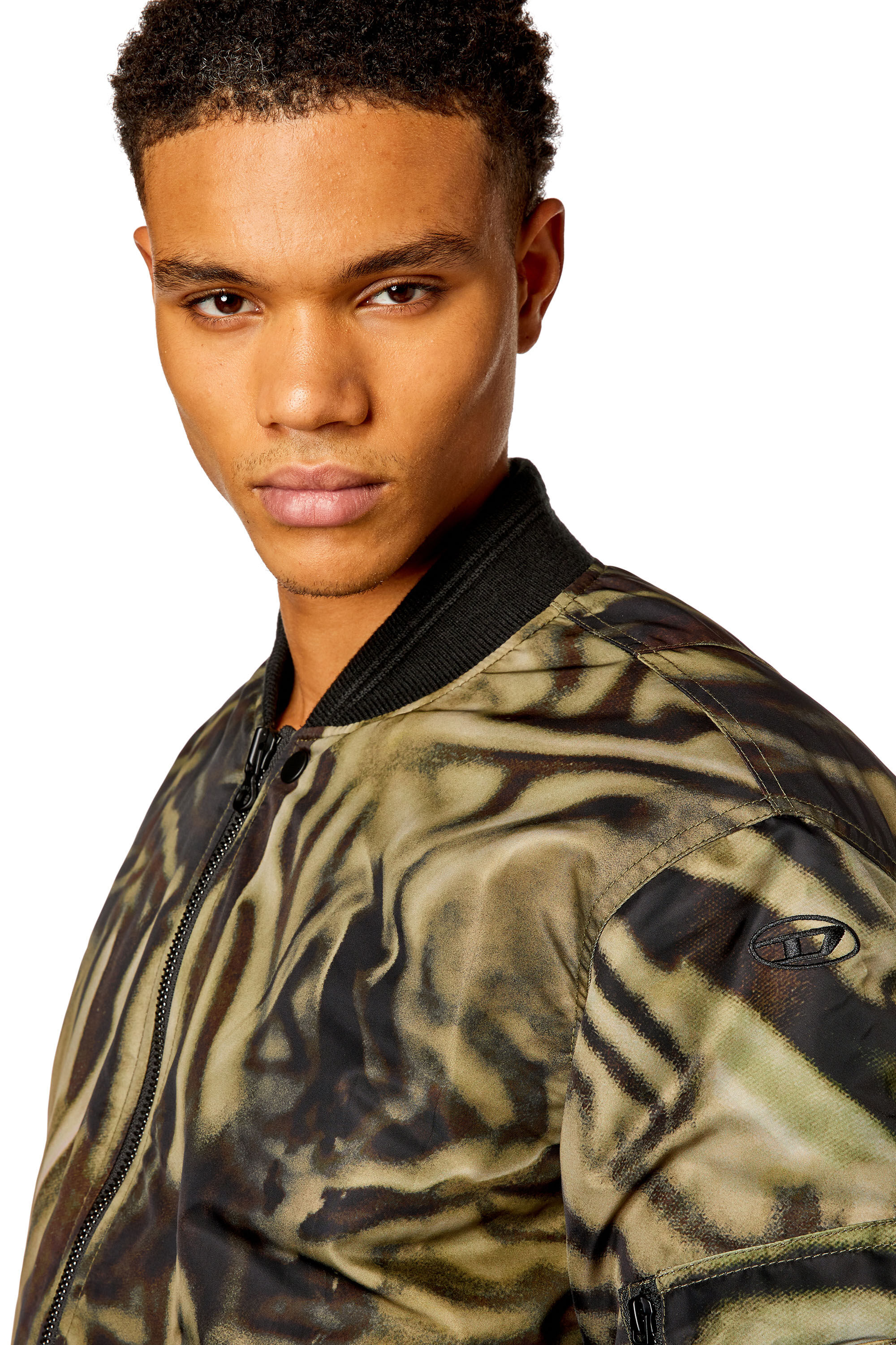 Diesel - J-DUBLEE, Man's Padded bomber jacket with zebra-camo print in Black/Brown - 4