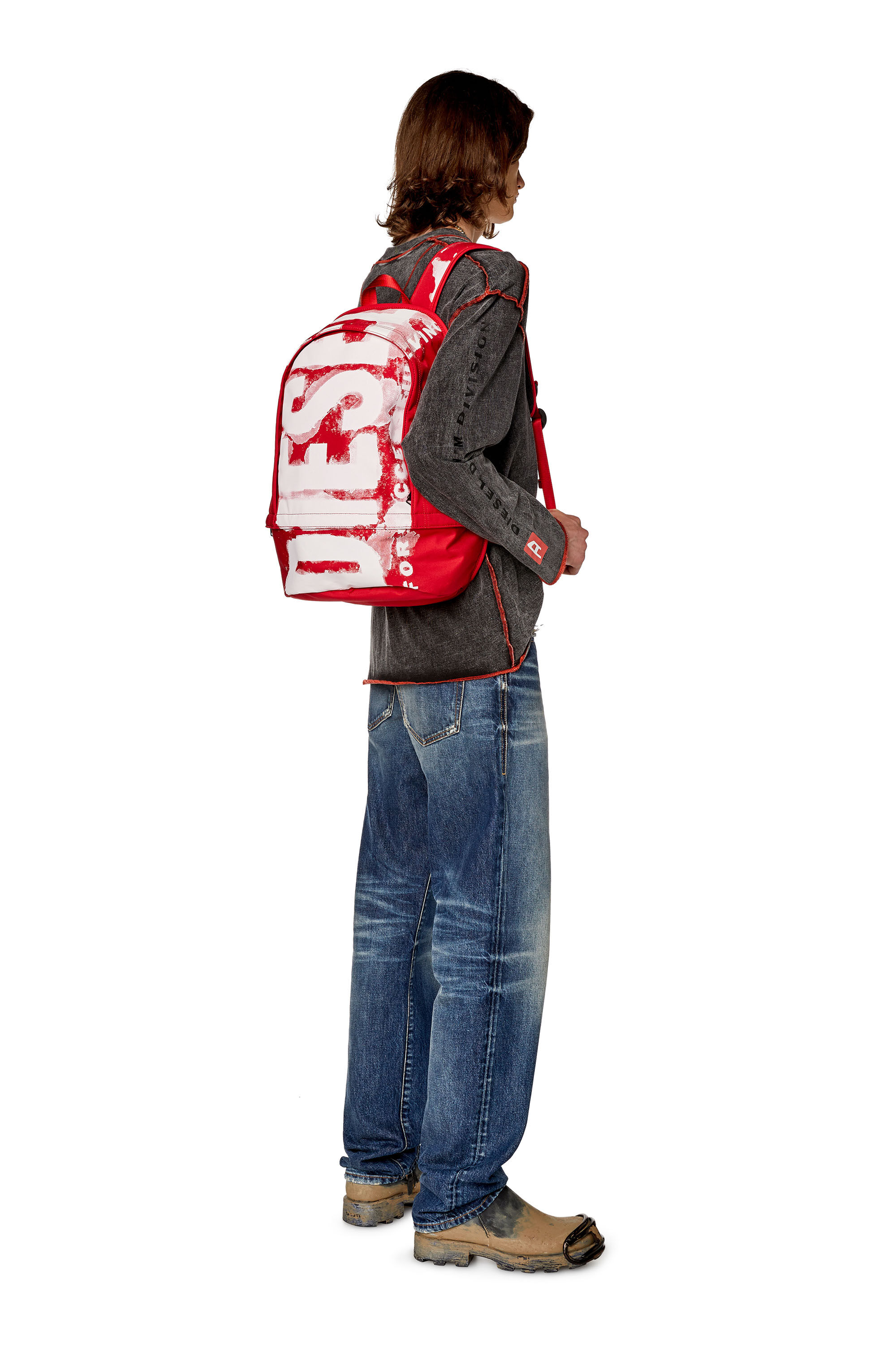 Diesel - RAVE BACKPACK X, Rave Backpack X - Sac à dos en tissu avec imprimé à logo Homme in Rouge - 6