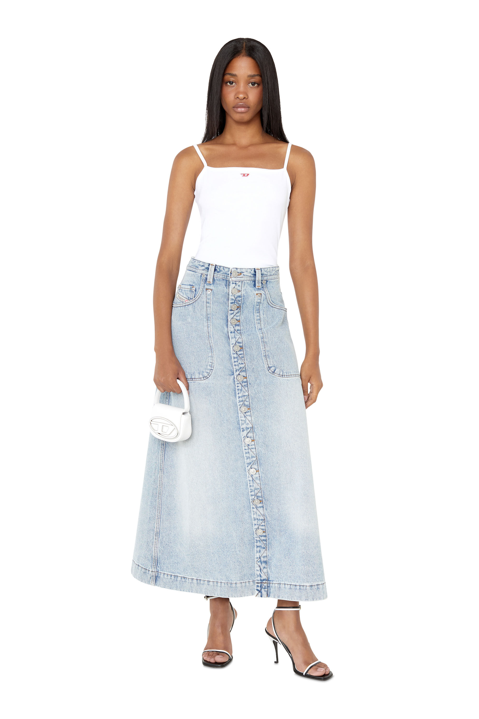 Diesel - DE-ALBUS-L A-LINE LONG SKIRT, Jupe trapèze en denim Femme in Bleu - 1