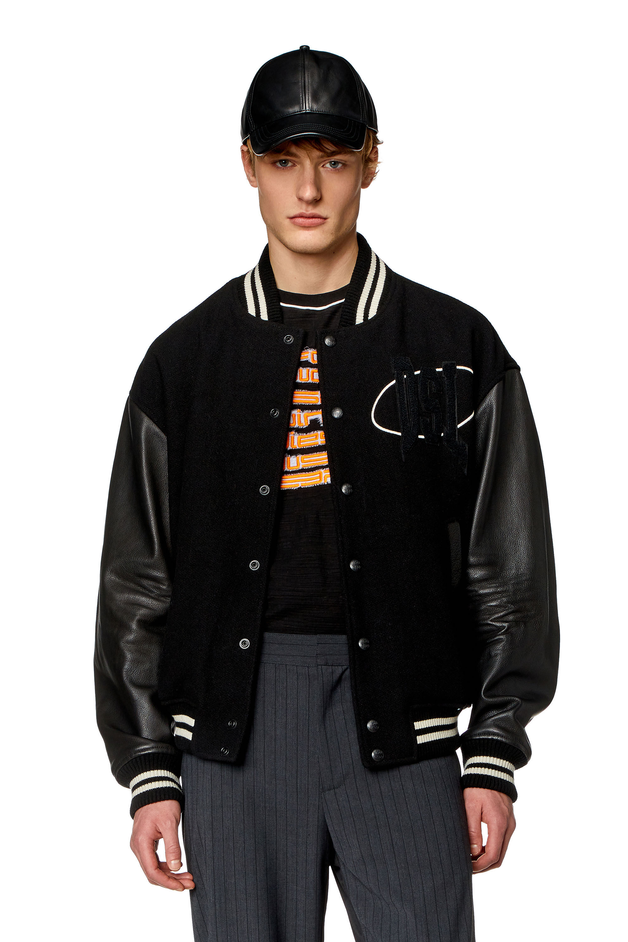 Diesel - L-FRANZ-PATCH, Male's Varsity bomber jacket in wool and leather in Black - 3