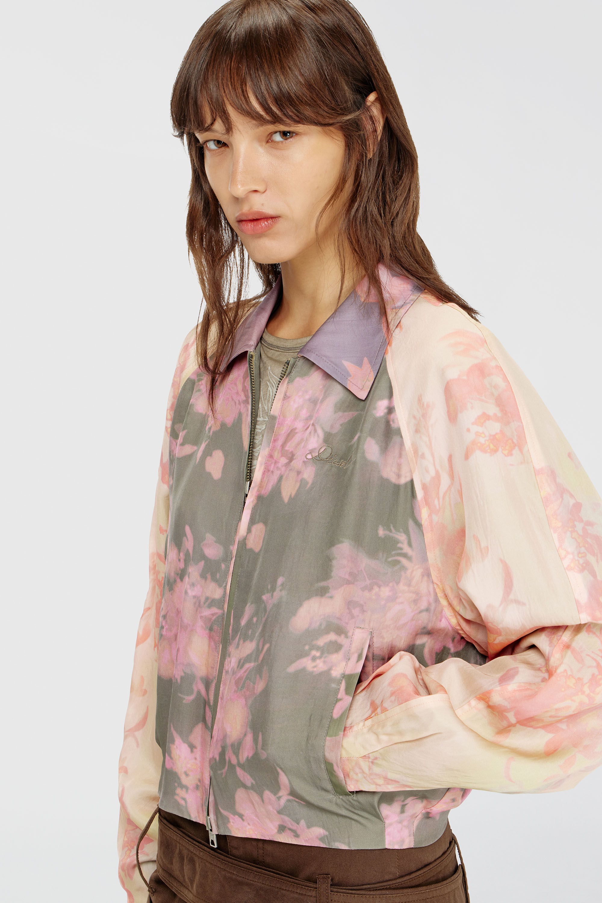 Diesel - G-ALENA, Woman's Floral bomber jacket in crinkled acetate in Green/Pink - 4