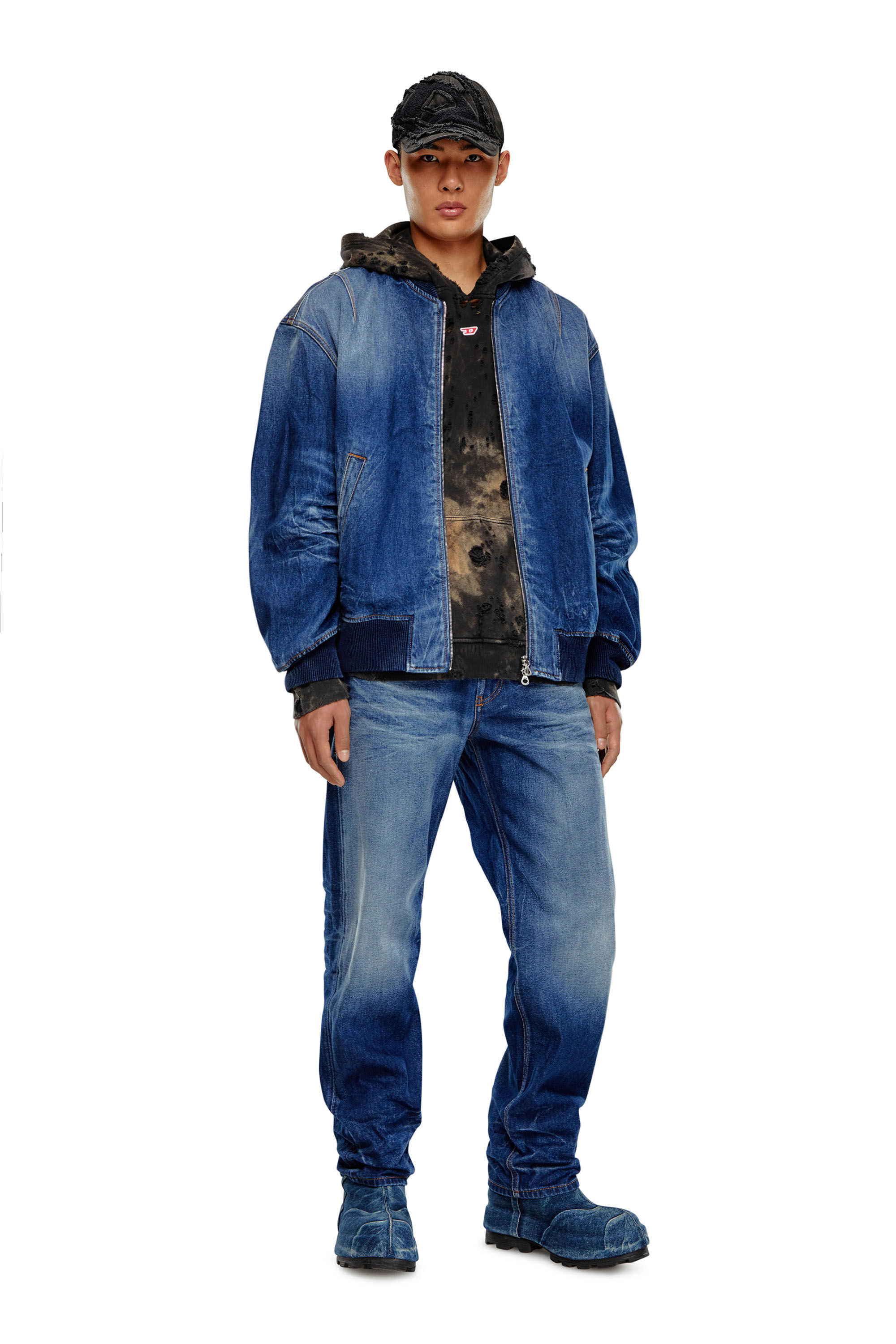 Diesel - D-VINZ-S, Male's Bomber jacket in dented denim in Dark Blue - 1