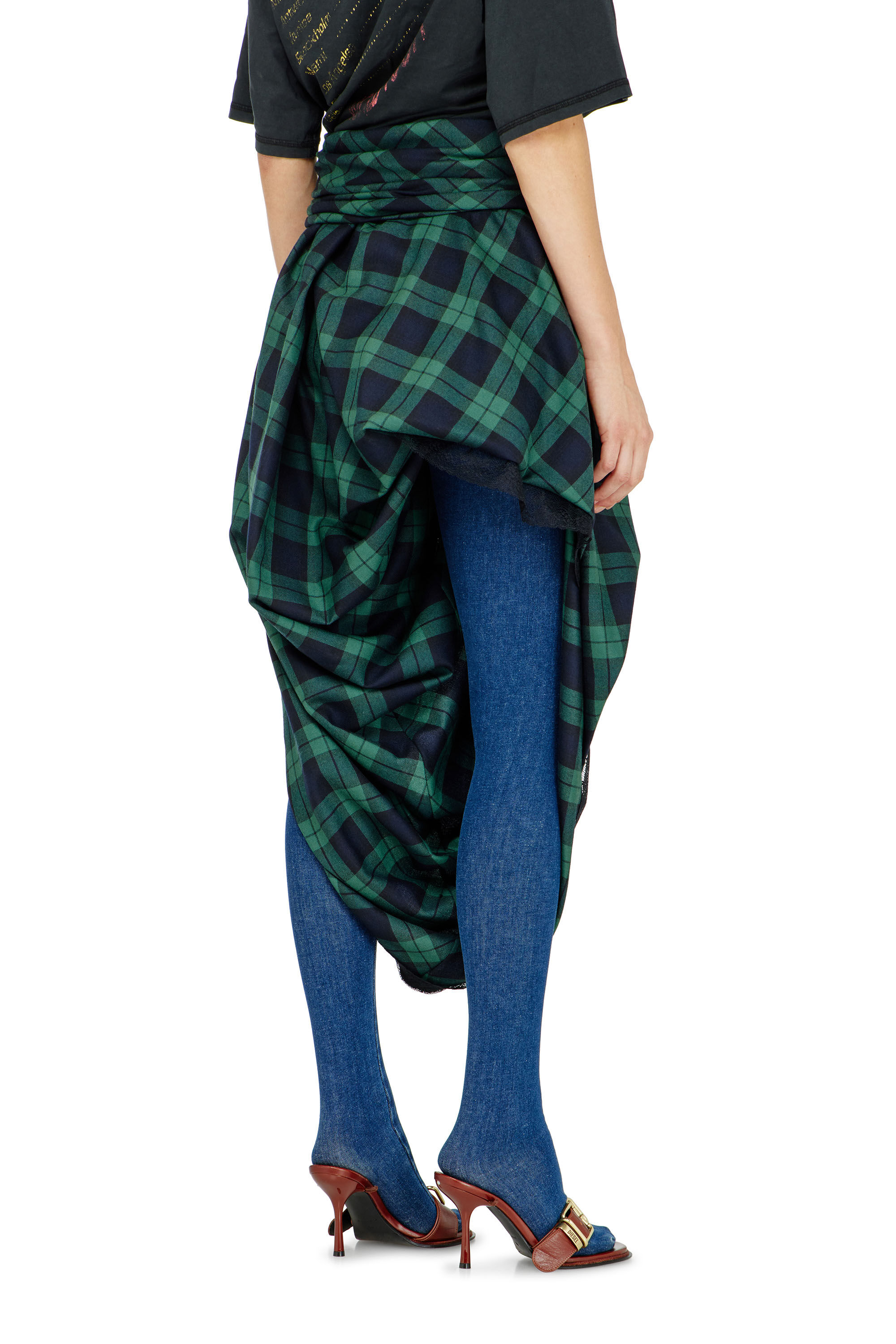 Diesel - O-WINNY, Female's Draped tartan midi skirt with lace trim in null - 3