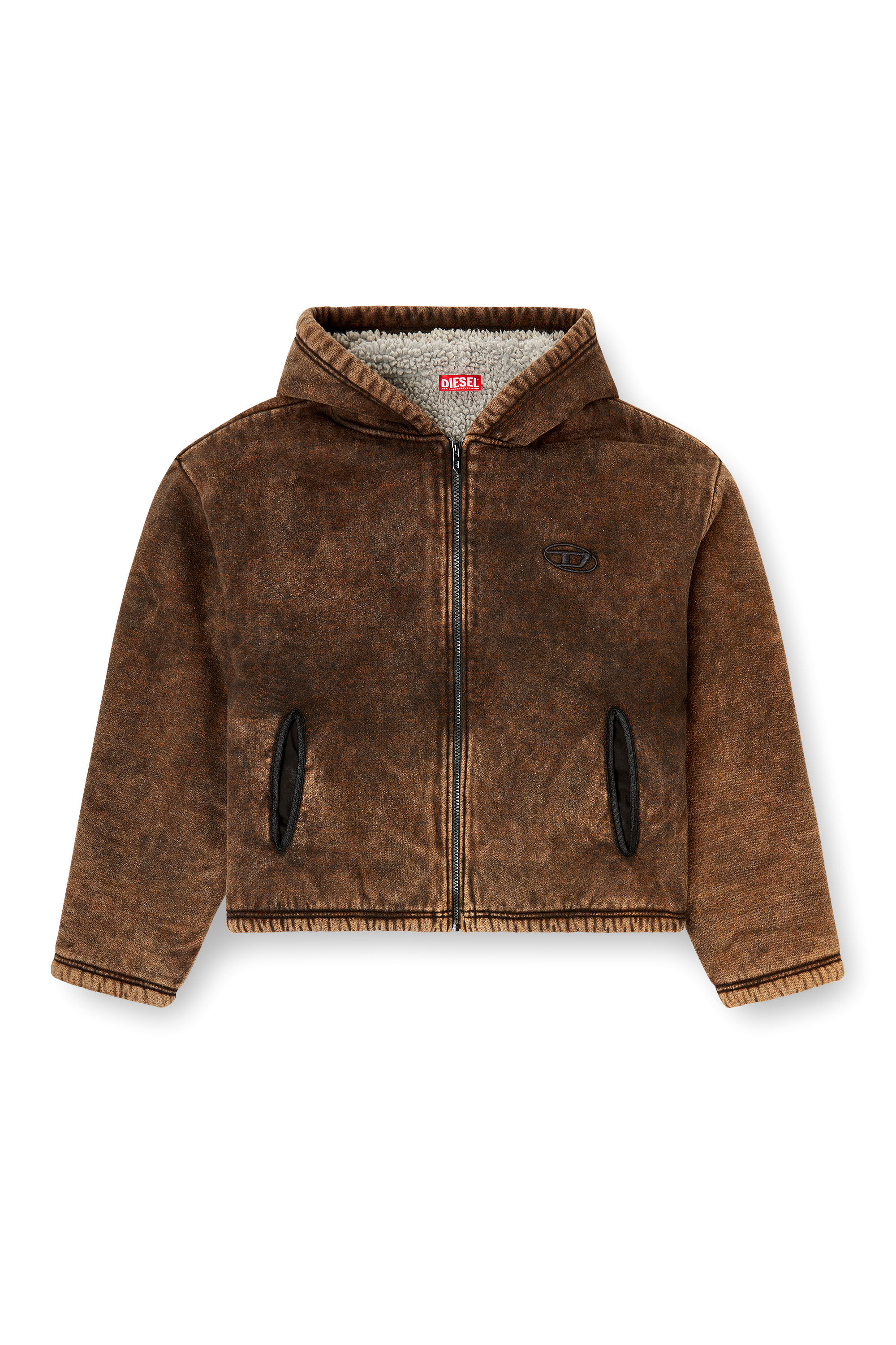 Diesel - F-ELLA, Hoodie zippé délavé à l'acide avec doublure en peluche. Femme in Marron - 2