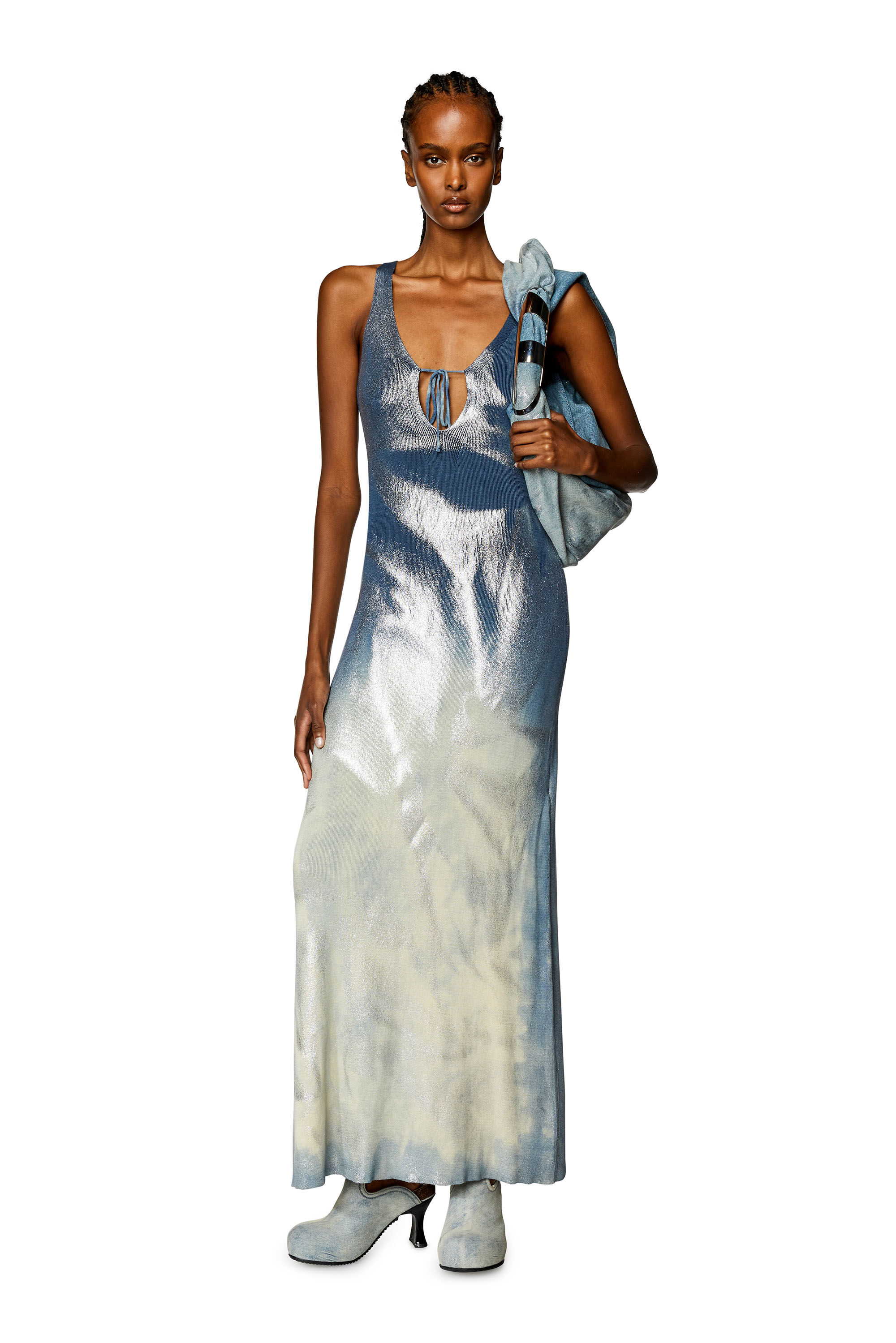 Diesel - M-IDELLE, Female's Long knit dress with metallic effects in Blue - 1