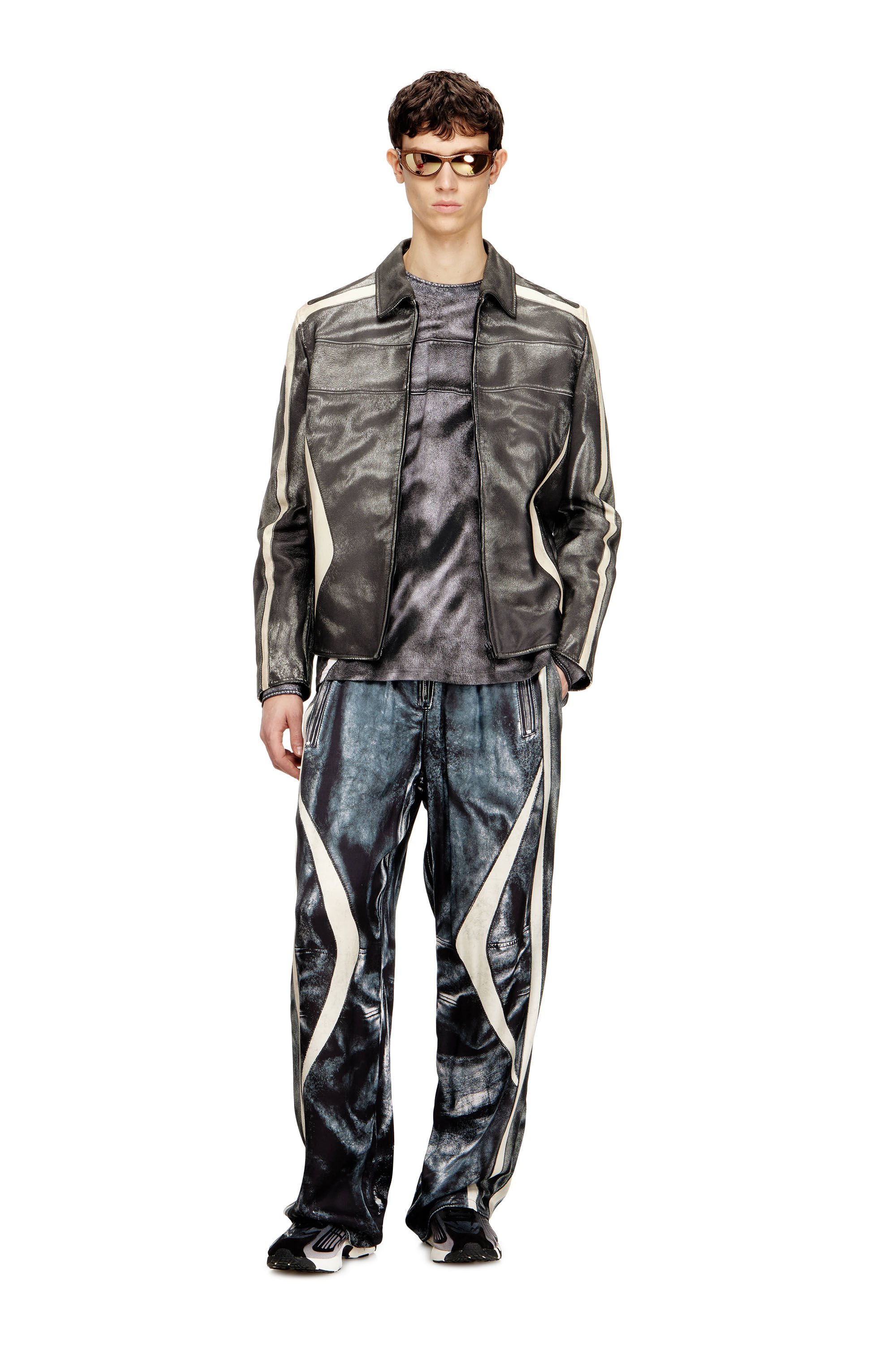 Diesel - L-AMAR-ENBI, Male's Leather coach jacket with biker print in Black/White - 1