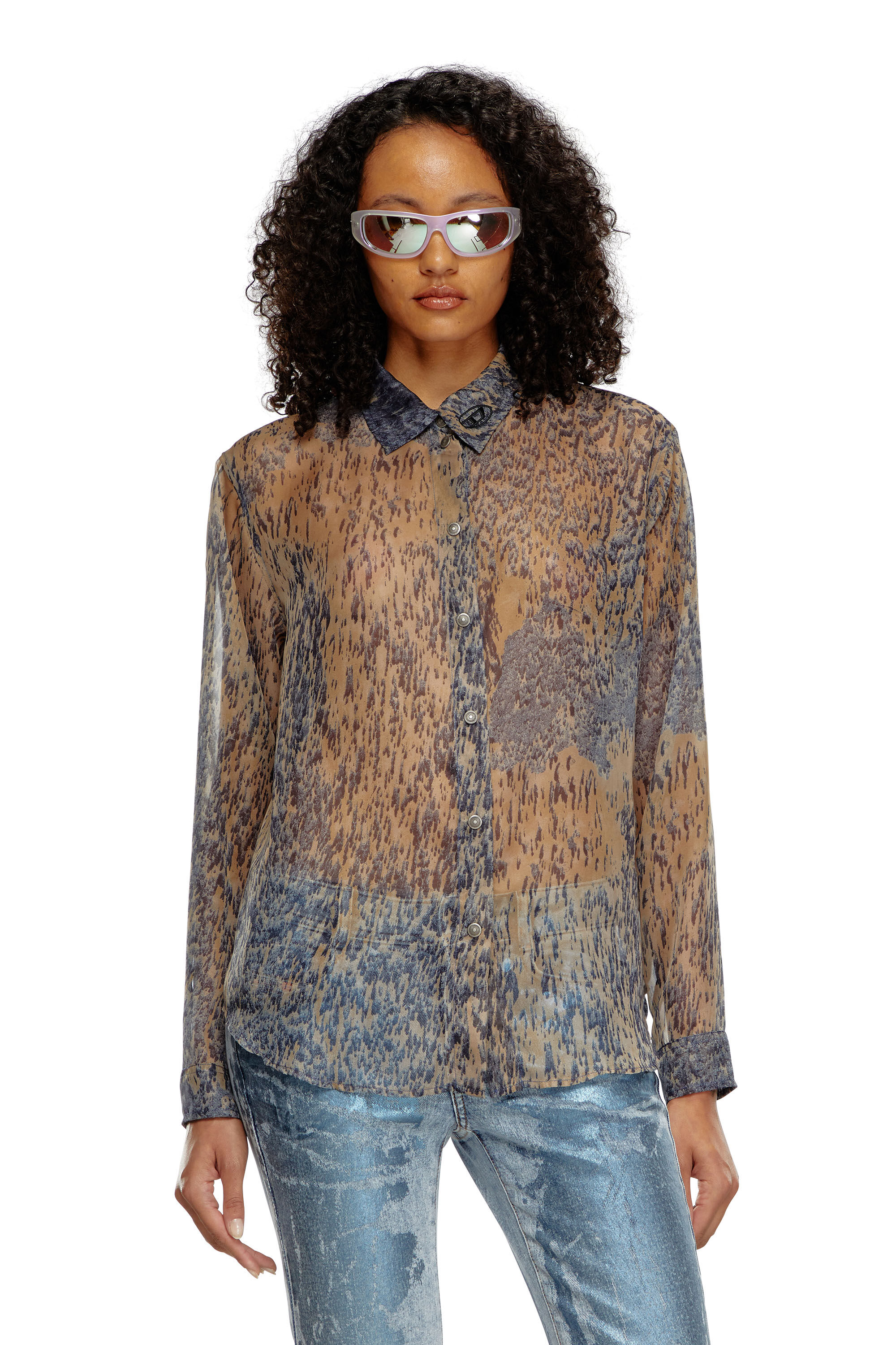 Diesel - C-OSMOS, Female's Sheer shirt in printed chiffon in Beige/Grey - 3