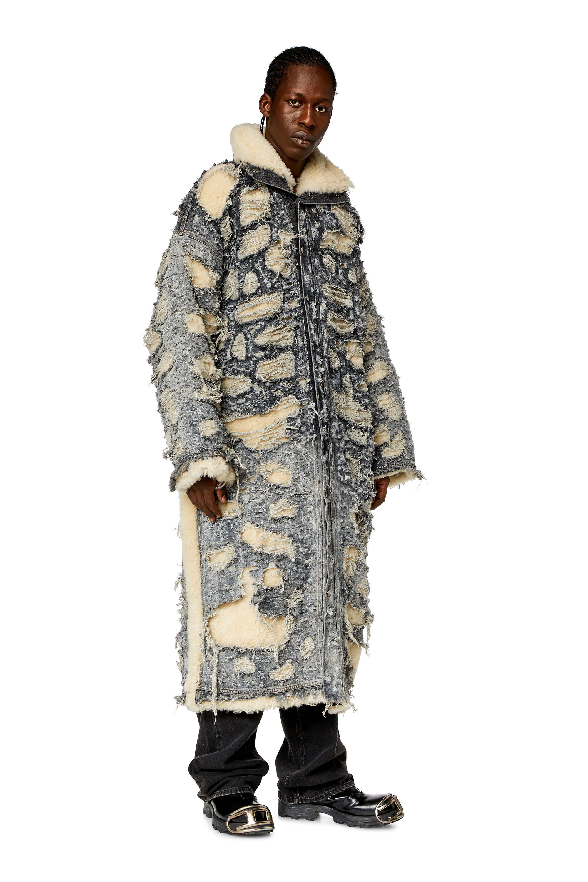 Men's Distressed denim and shearling coat | Black | Diesel