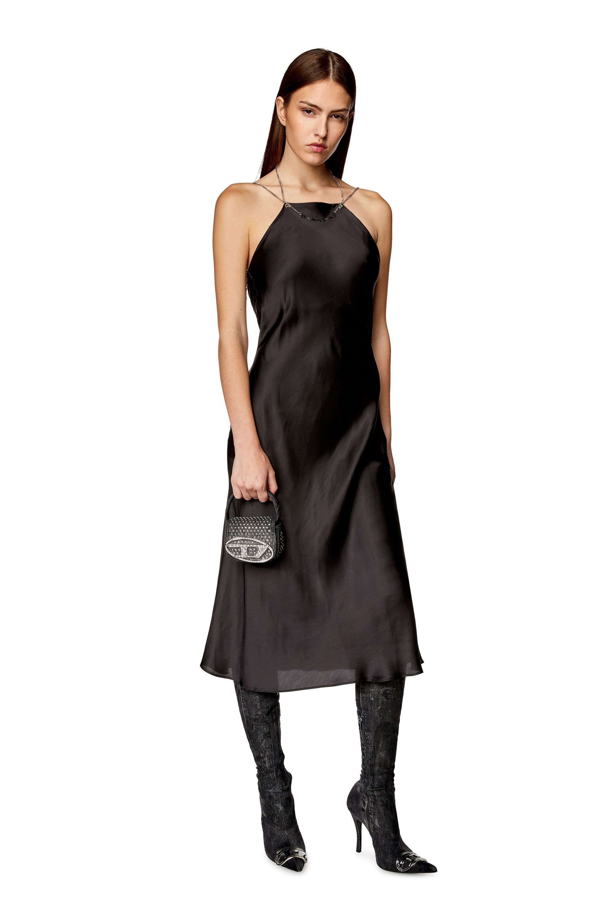 Diesel - D-ELIZ, Jupe midi en satin avec collier chaîne Femme in Noir - 1