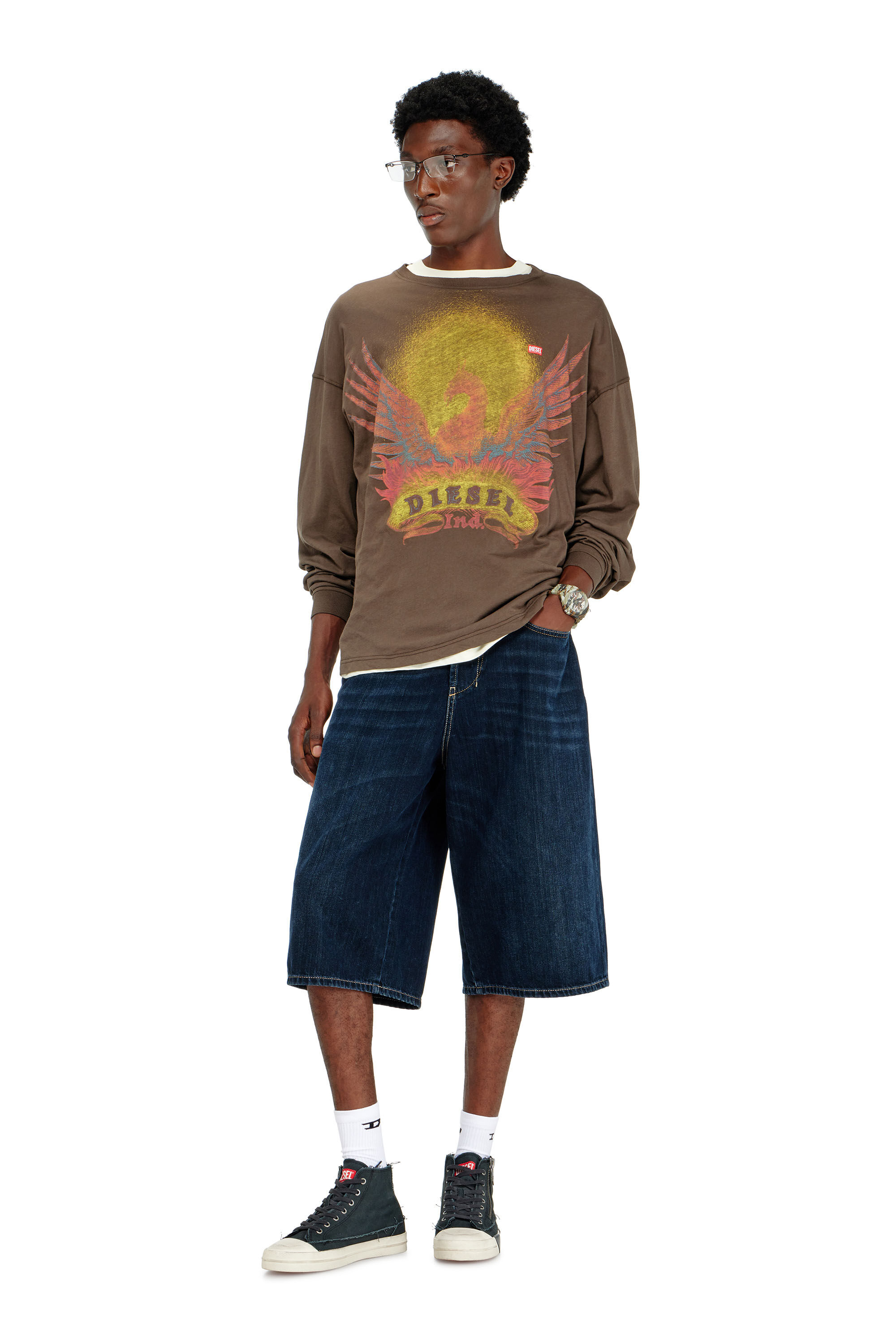 Men's Long sleeve T-shirt with Phoenix graphic | Brown | Diesel MX