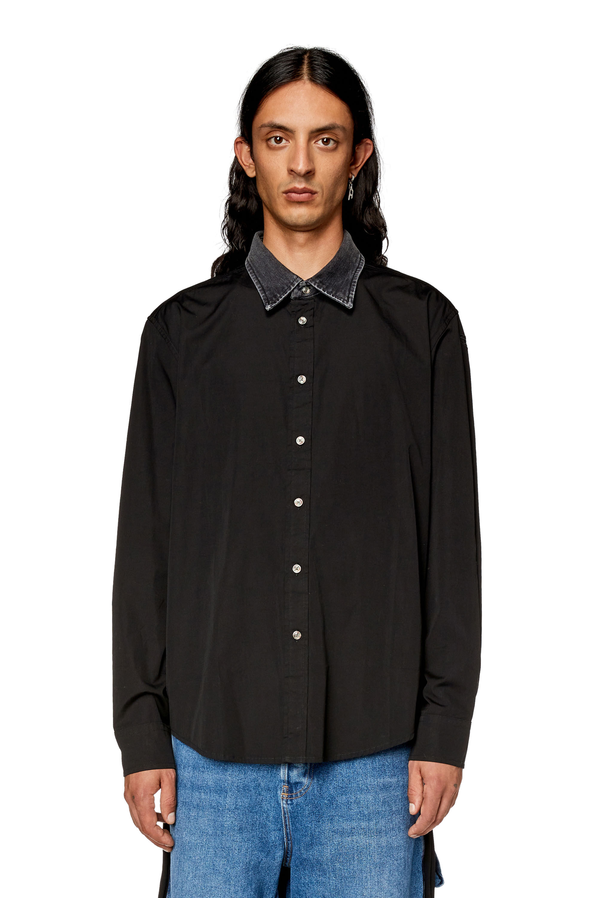 Men's Cotton shirt with denim collar | Black | Diesel US