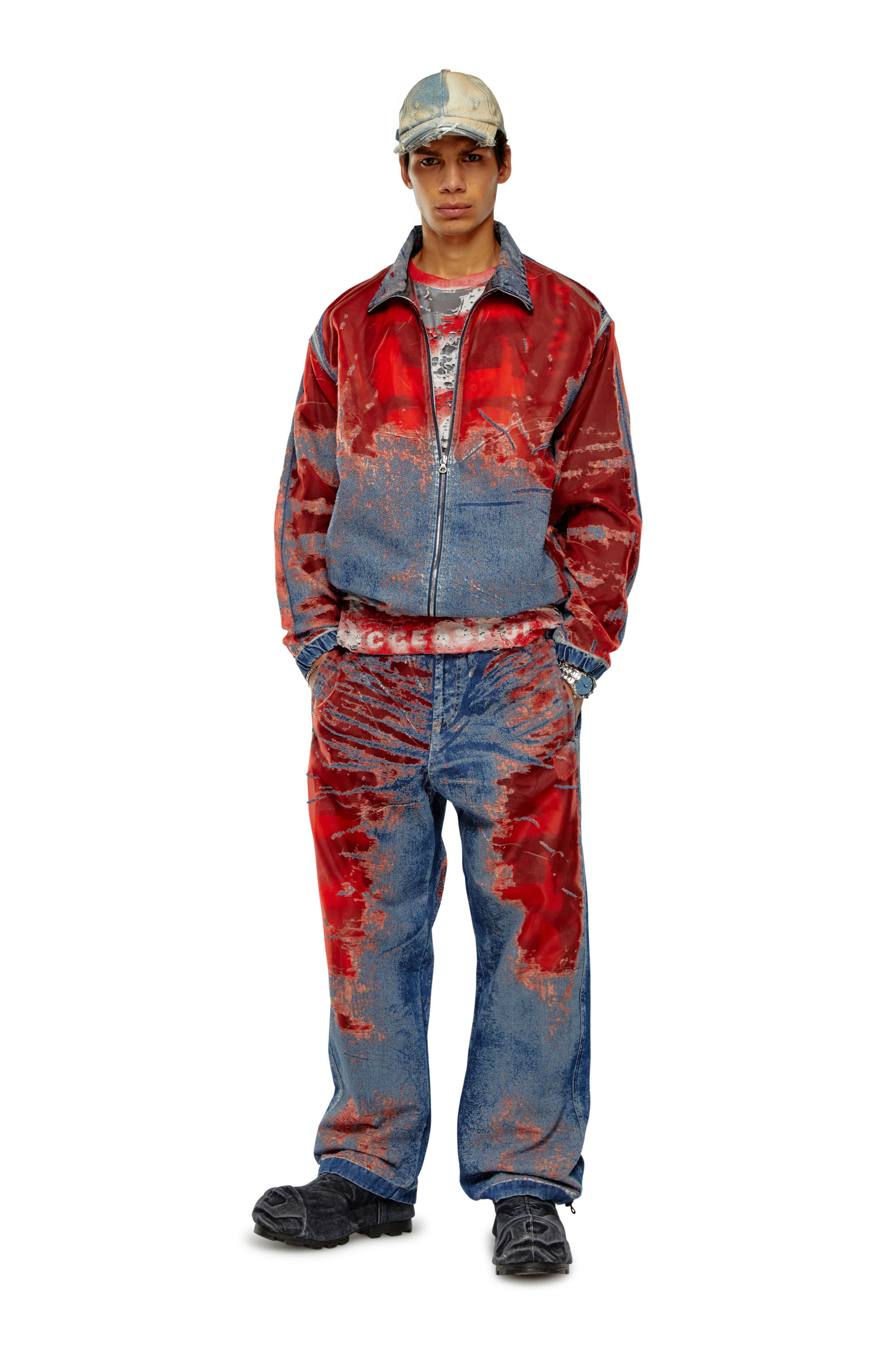 Diesel - D-KRAP-FSE, Male's Jacket in devoré denim with logo in Blue/Red - 1
