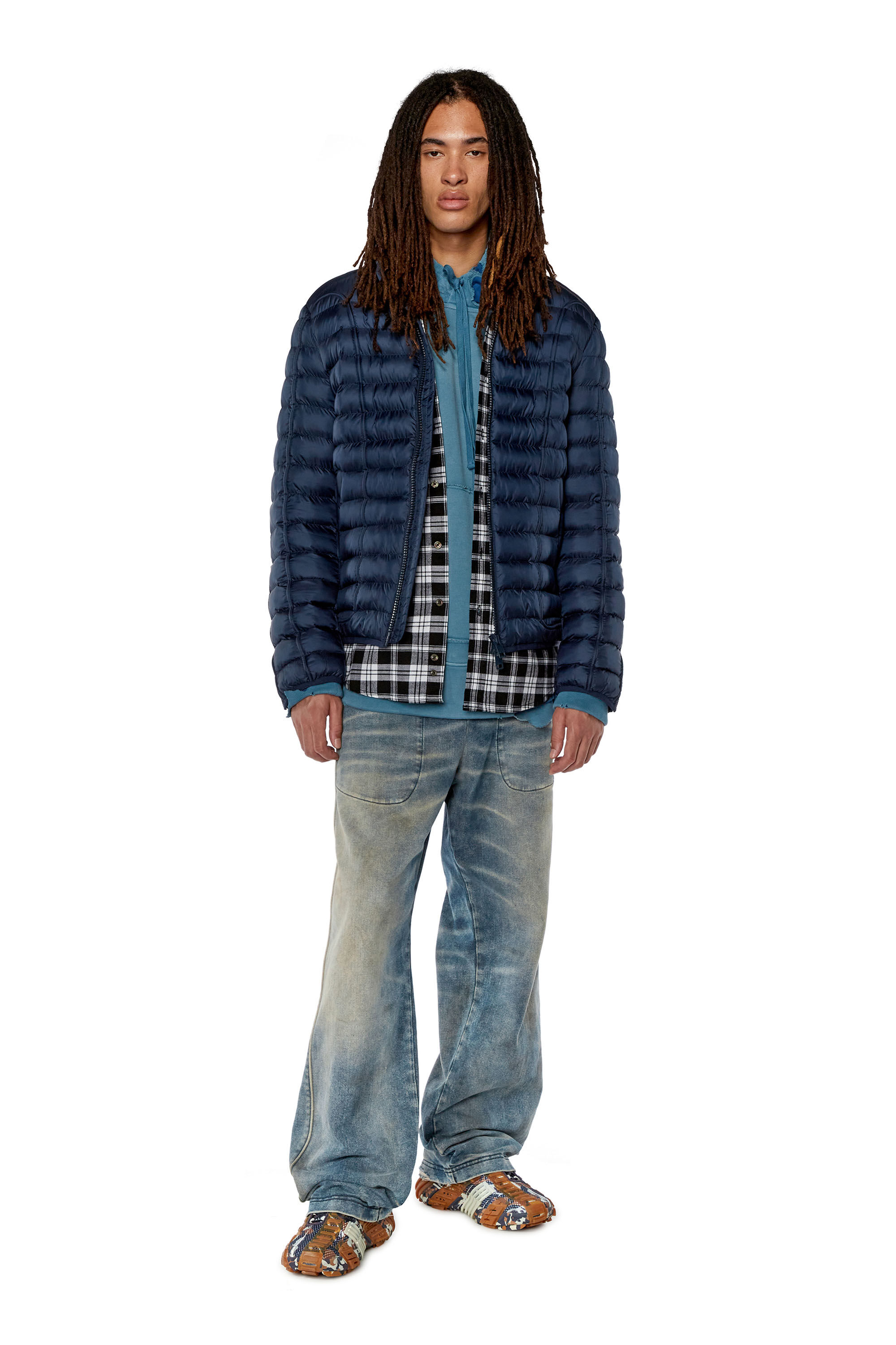 Diesel - W-HAWKYL, Male's Nylon puffer jacket with piping in Blue - 1