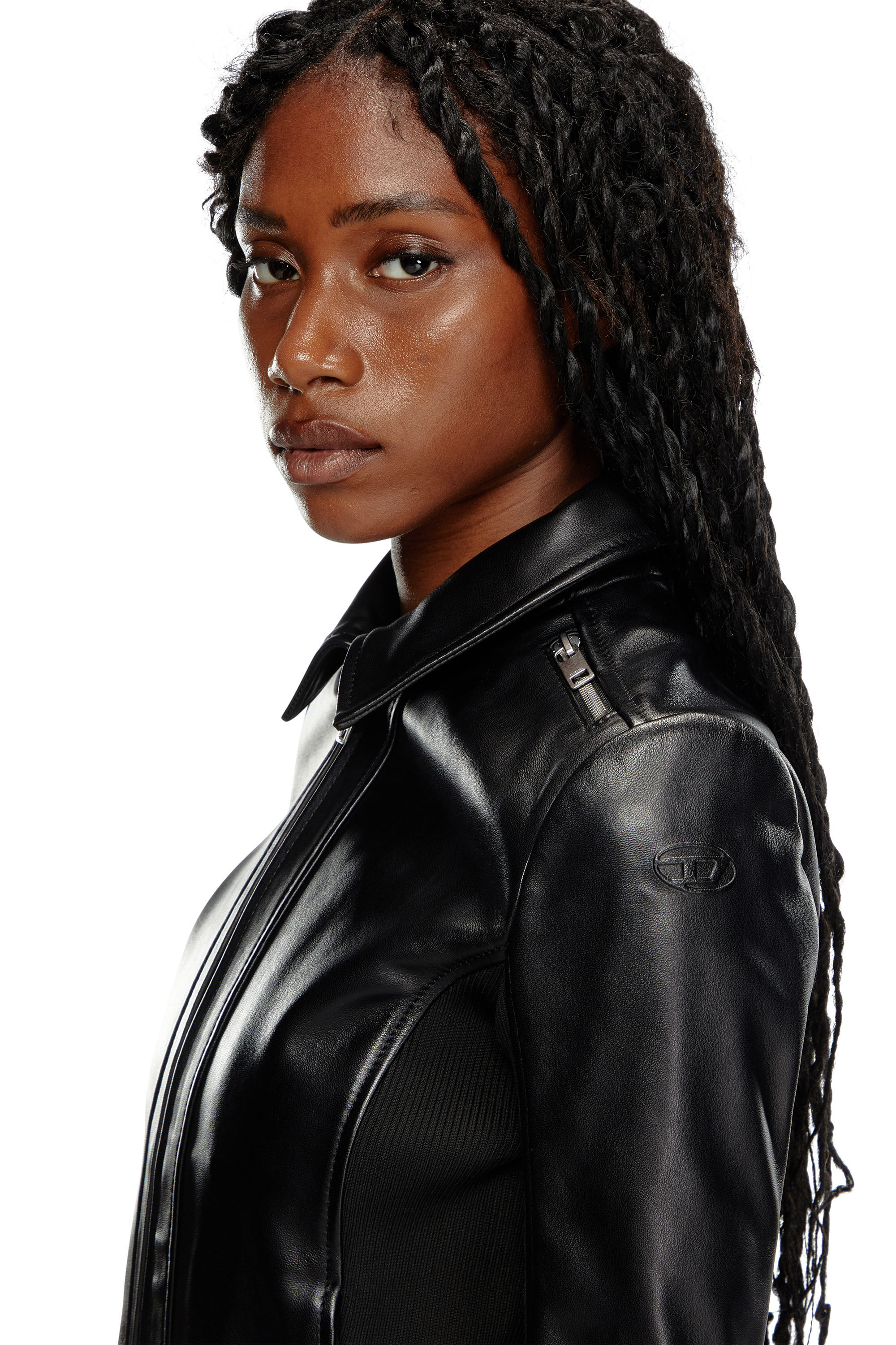 Diesel - L-SASK, Female's Leather biker jacket with rib panels in Black - 4