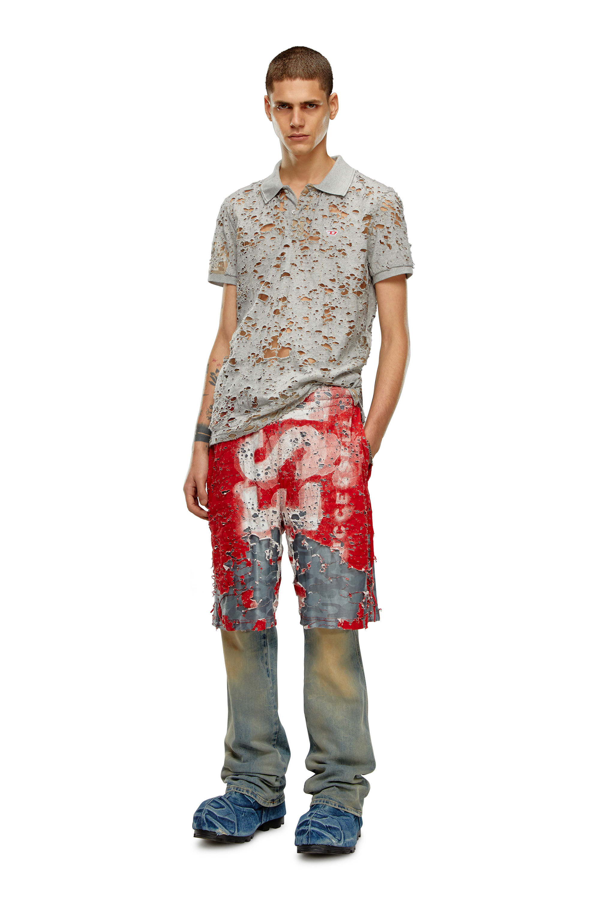 Diesel - T-SMITH-DEVOR, Male's Tulle polo shirt with destroyed jersey in Light Grey - 1
