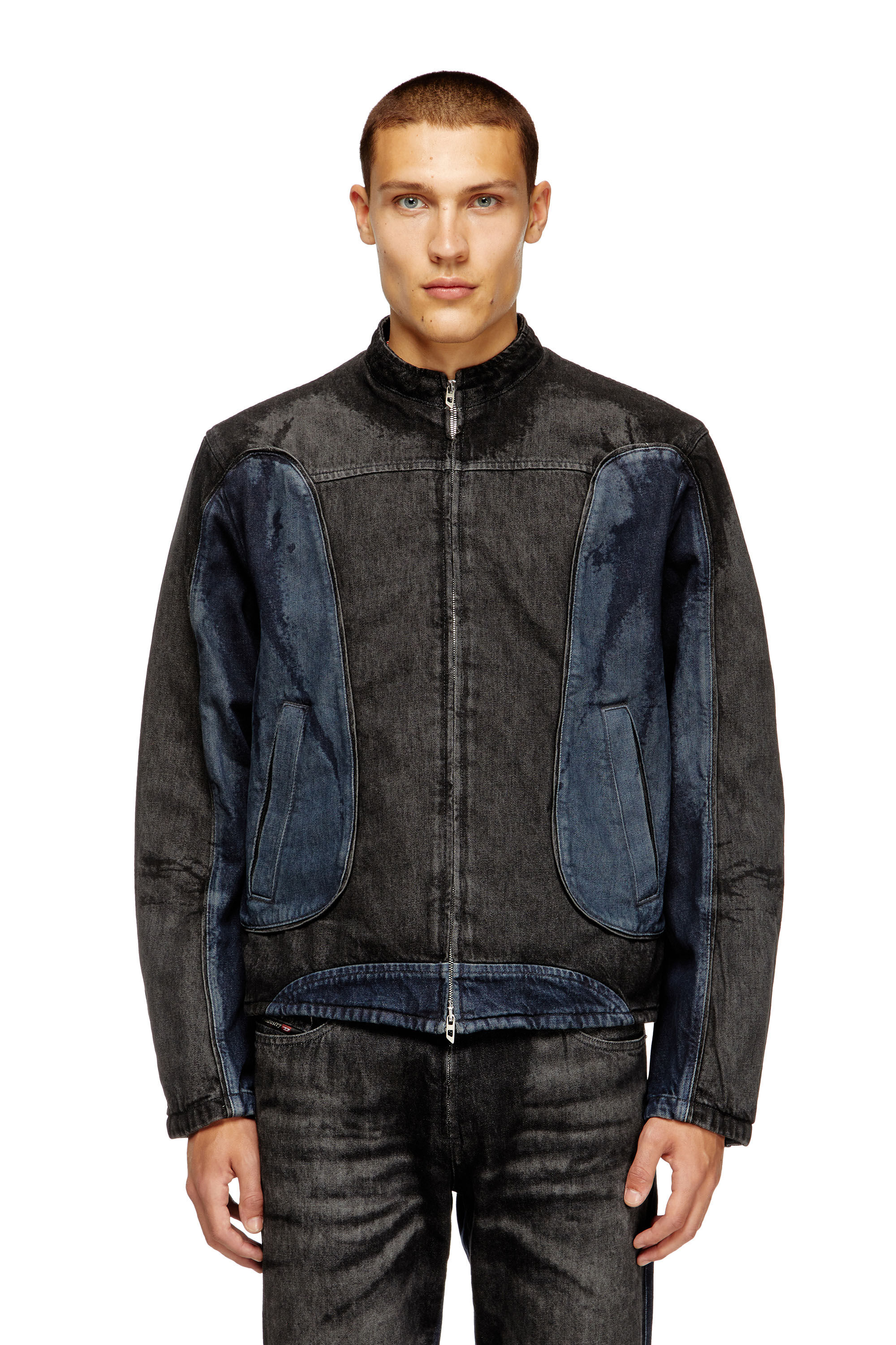 Diesel - D-BLENK-S, Male's Biker-style jacket in bicolour denim in Black/Blue - 3