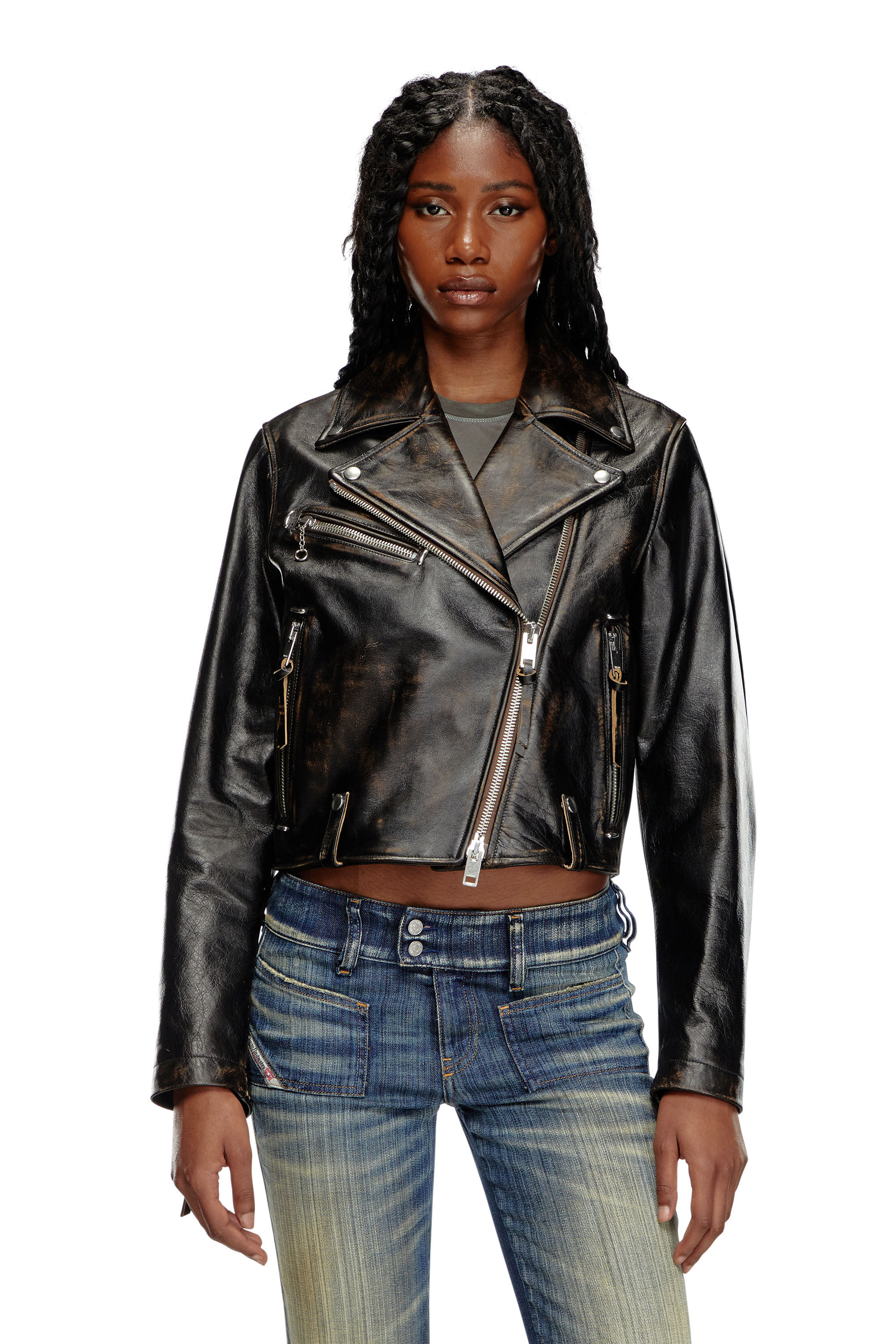 Diesel - L-EDMEA-CL, Female's Biker jacket in treated leather in Black - 3