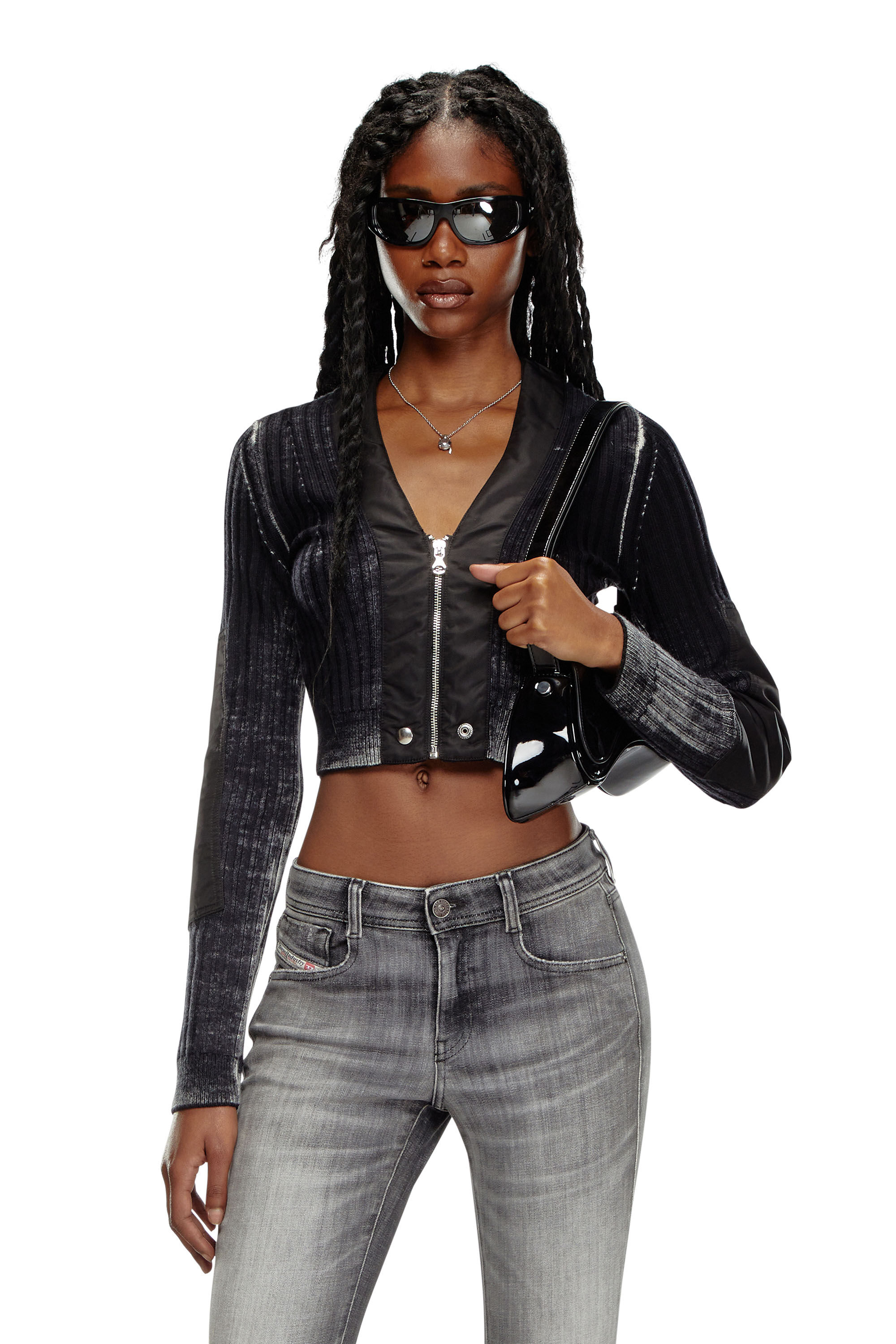Diesel - M-ASERA, Female's Cropped wool cardigan with nylon trims in Black - 3
