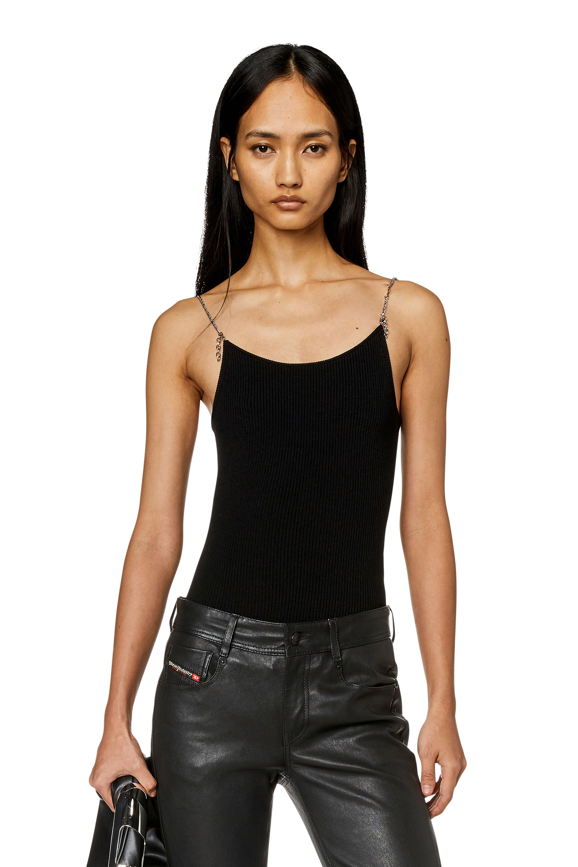 Diesel - M-VIRGEE, Woman's Stretch-knit camisole with chain straps in Black - 3