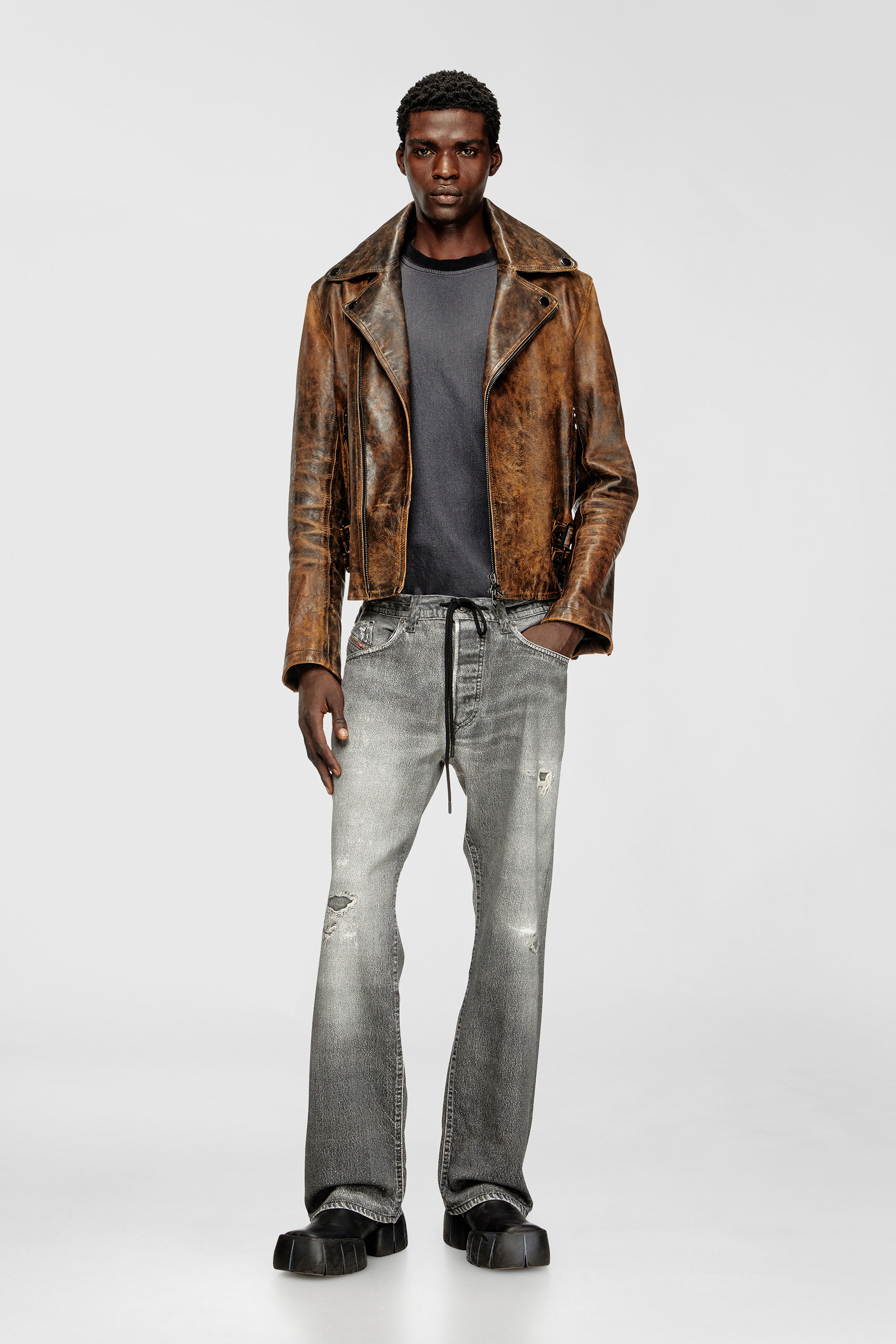Men's Biker jacket in treated leather | Brown | Diesel US