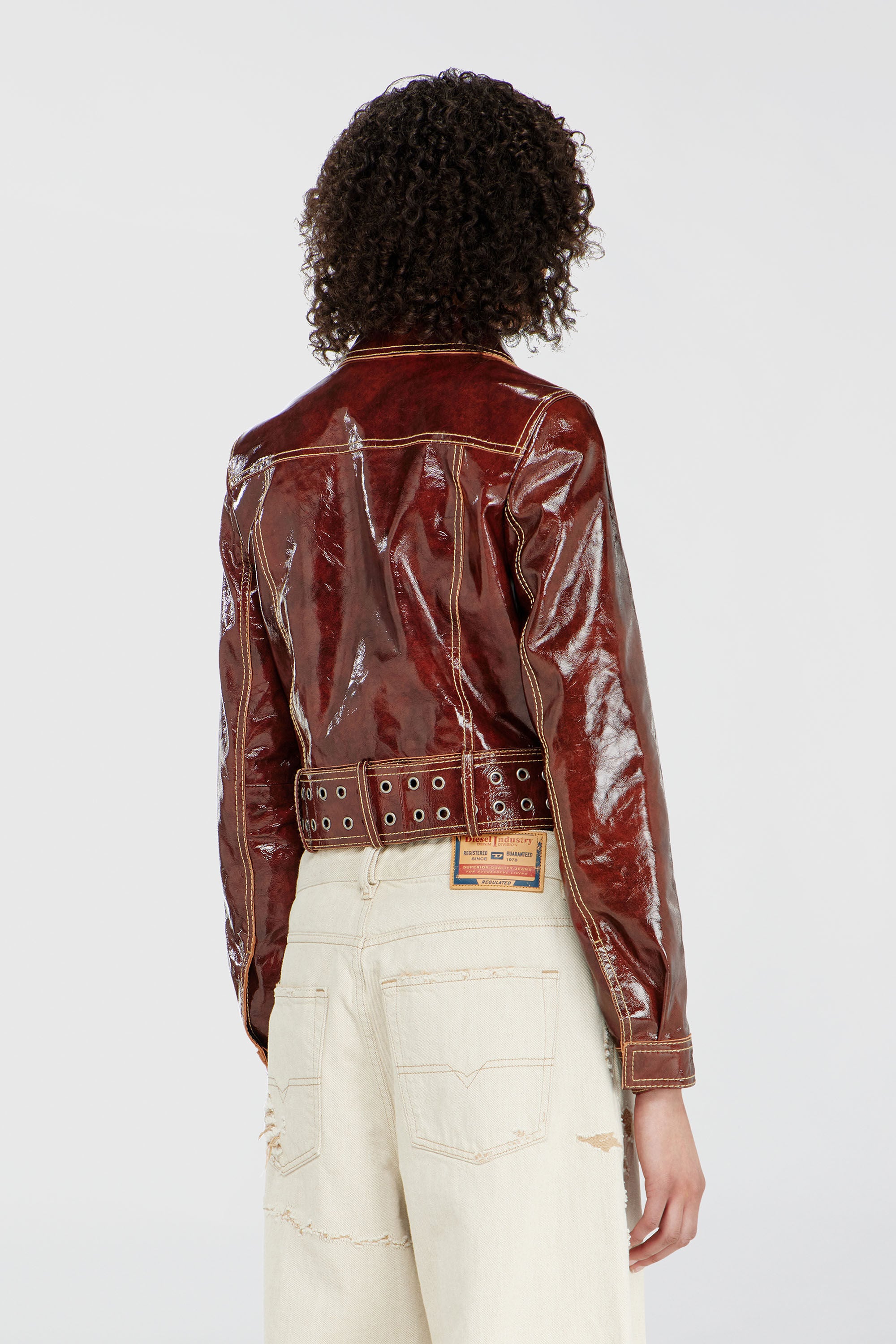 Diesel - L-EGEND, Woman's Patent-leather jacket with large belt in Brown - 5