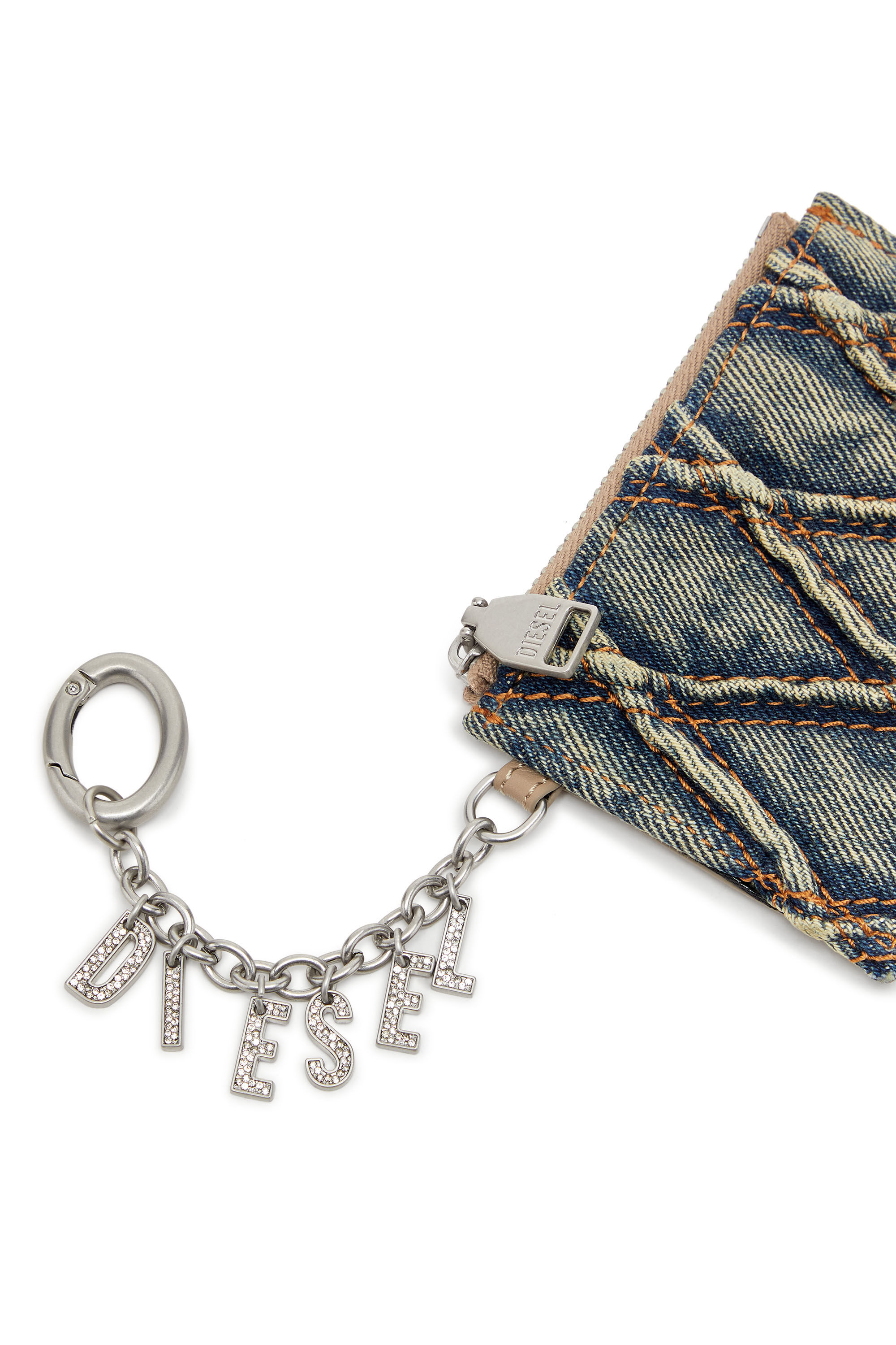 Diesel - CARD HOLDER WITH CHAIN, Female's Card holder in argyle quilted denim in Blue - 4