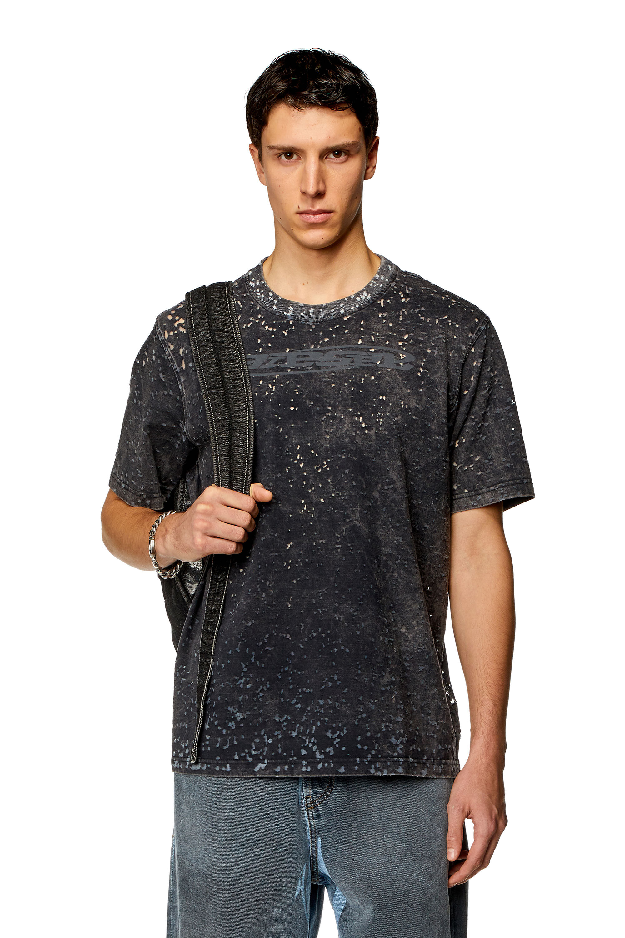 Diesel - T-JUST-SLITS-N15, Man's T-shirt in burn-out jersey in Black - 3