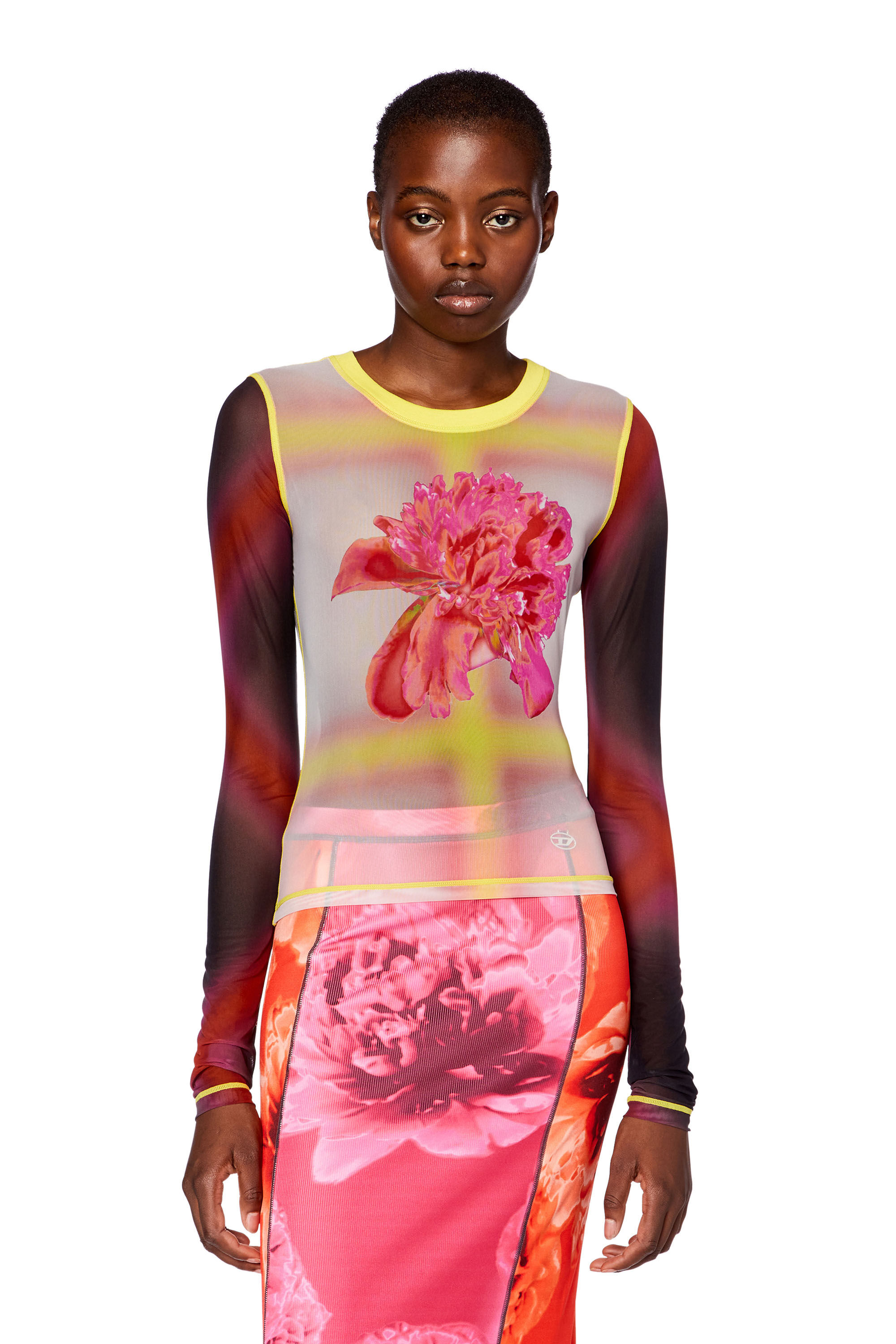 Diesel - T-SIELITO-L1, Female's Slim-fit mesh top with flower print in Red/Pink - 3