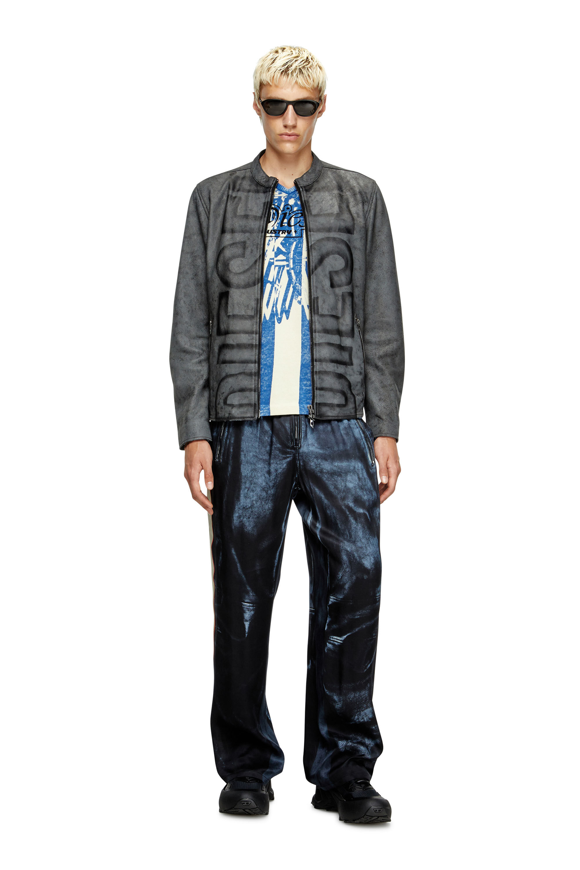Diesel - L-EVERT-A, Male's Treated leather biker jacket with faded logo in Grey - 1