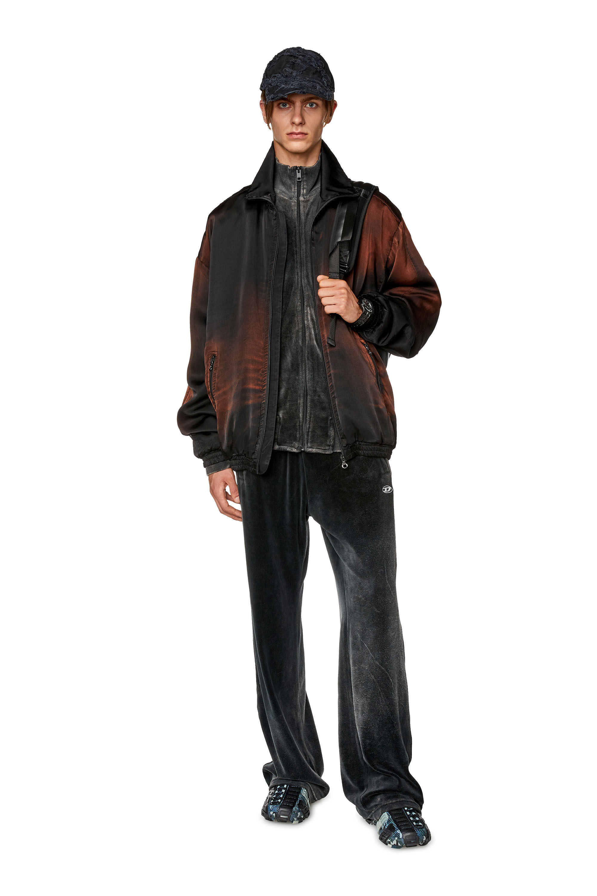 Diesel - S-RABAND, Male's Chenille track jacket with mock neck in Black - 1