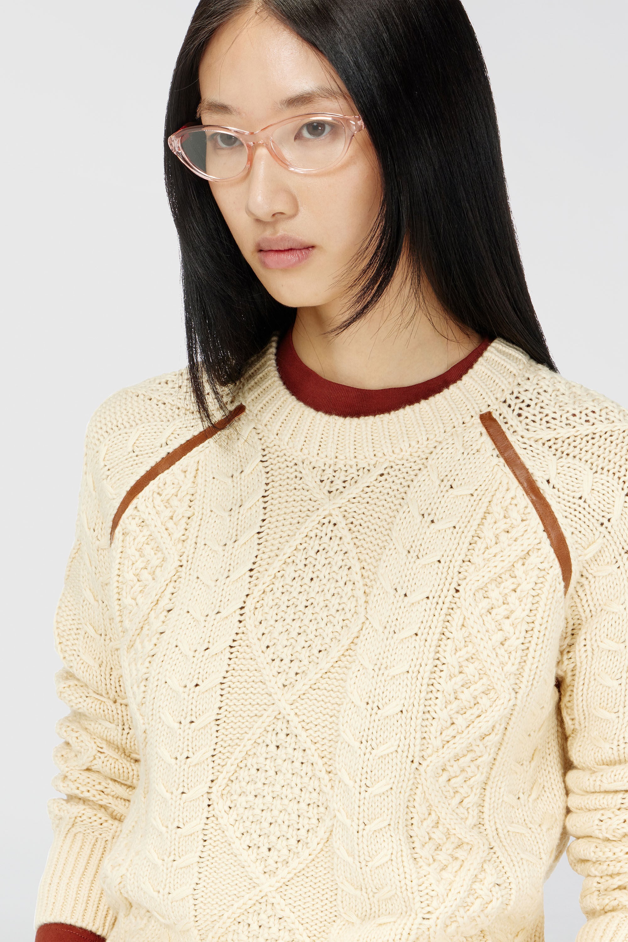 Diesel - M-INTANA, Female's Cable-knit jumper with contrast bands in Beige - 5