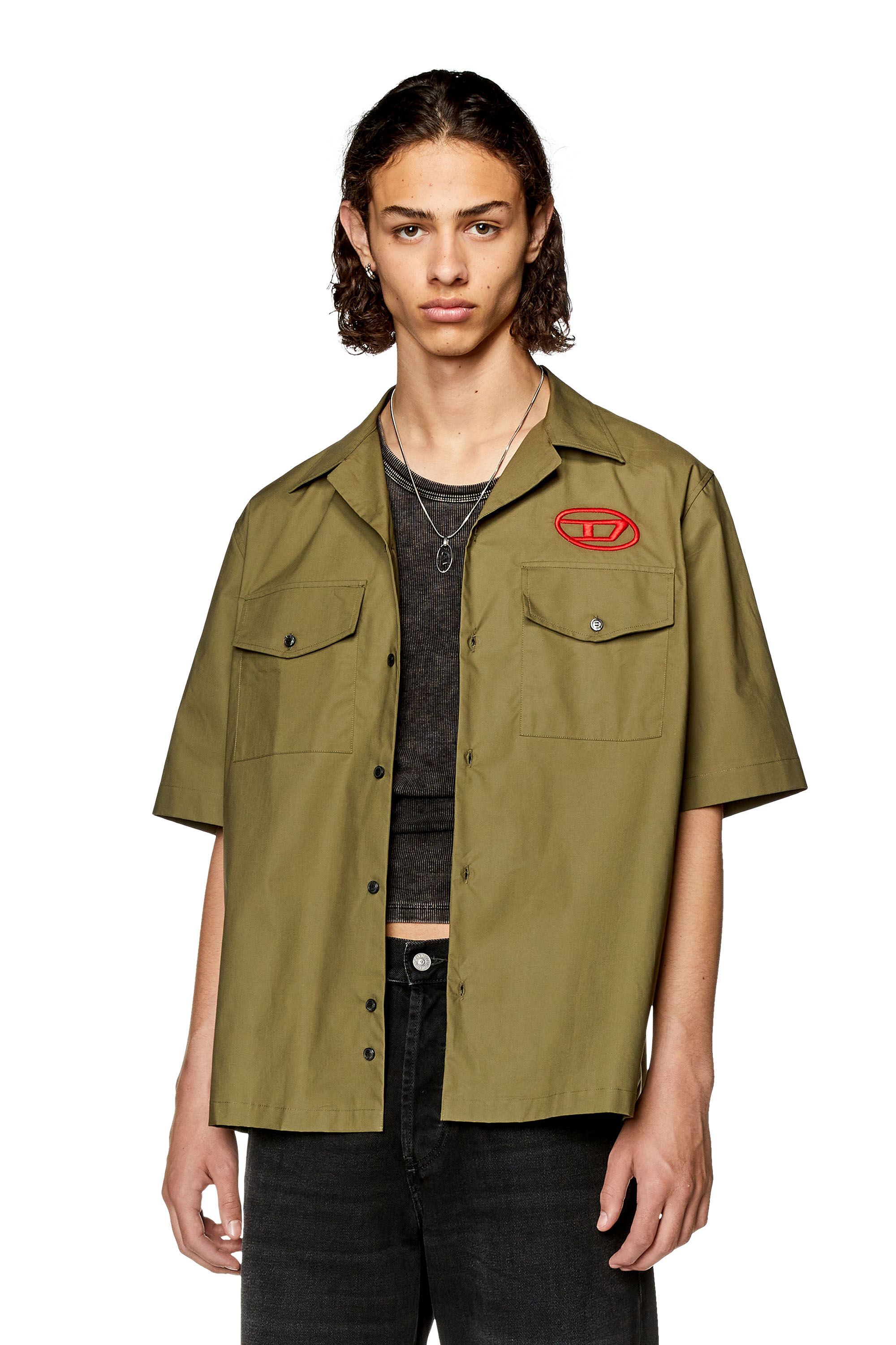 DIESEL / 半袖シャツ/XXL/コットン/BEG/S-MAC-22 Men's Bowling shirt with embroidered logo | Green | Diesel