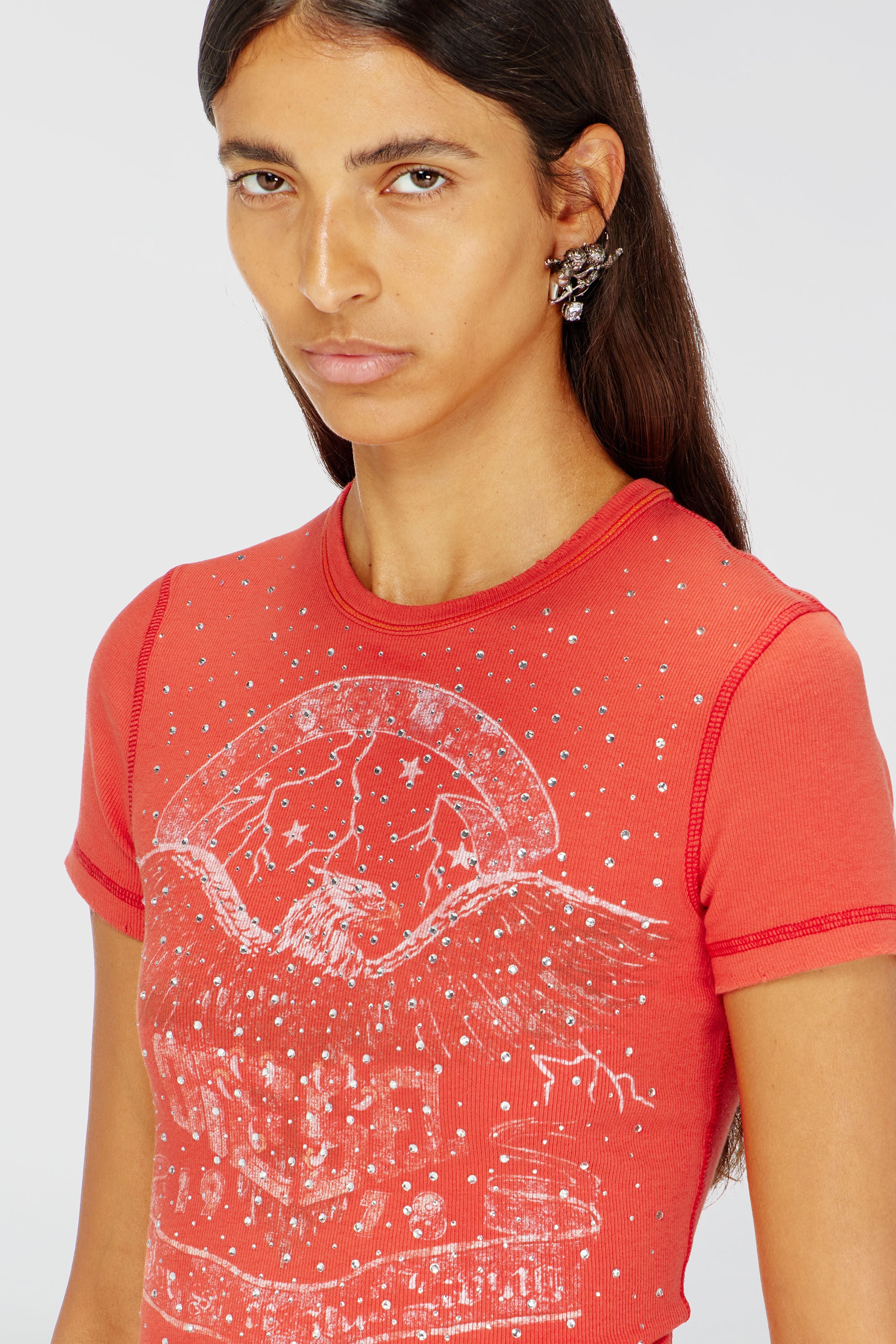 Diesel - T-MARSY-RIB-CRY, Female's T-shirt with concert graphics and crystals in Red - 5
