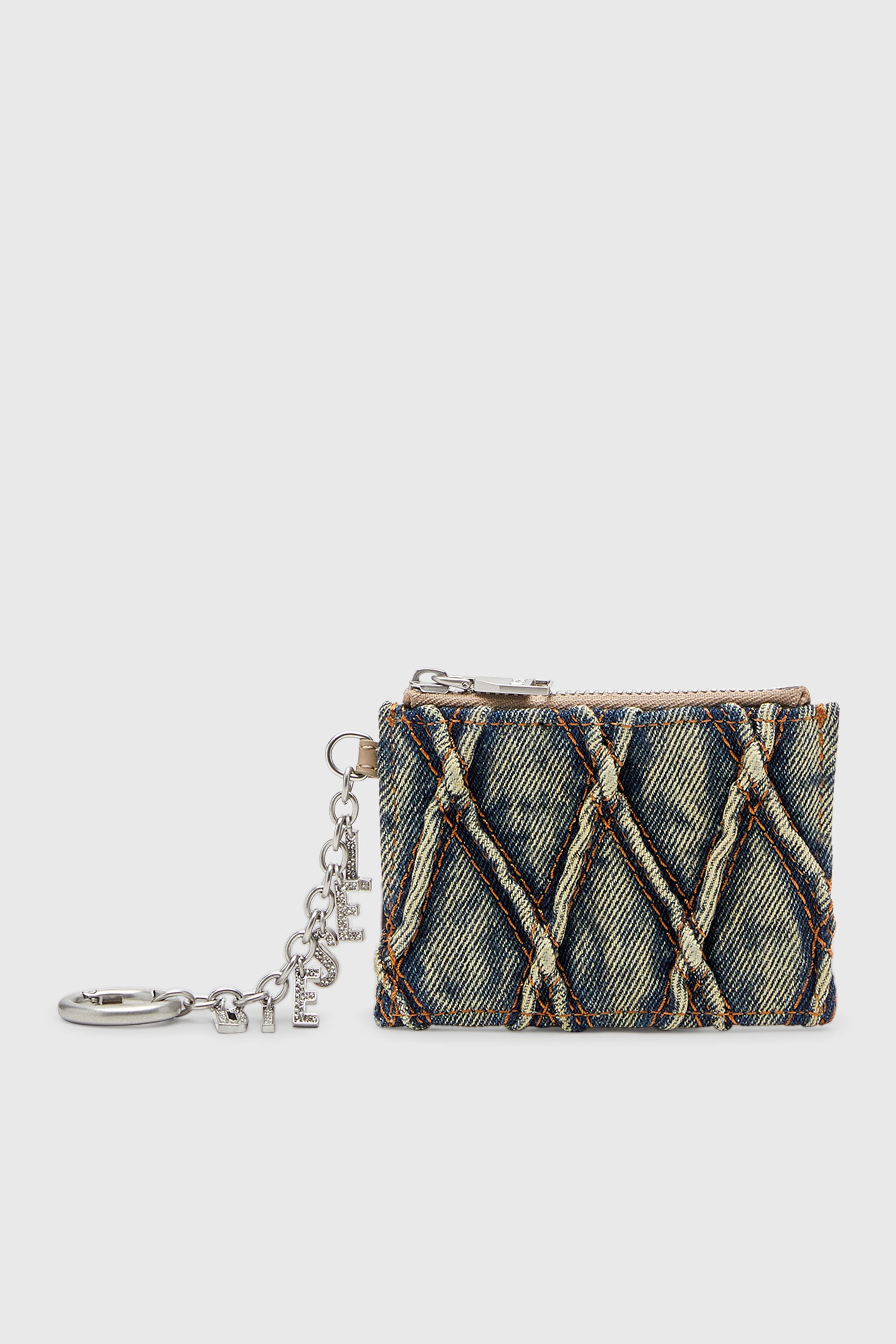 Diesel - CARD HOLDER WITH CHAIN, Tarjetero de denim acolchado con motivo argyle Mujer in Azul marino - 1