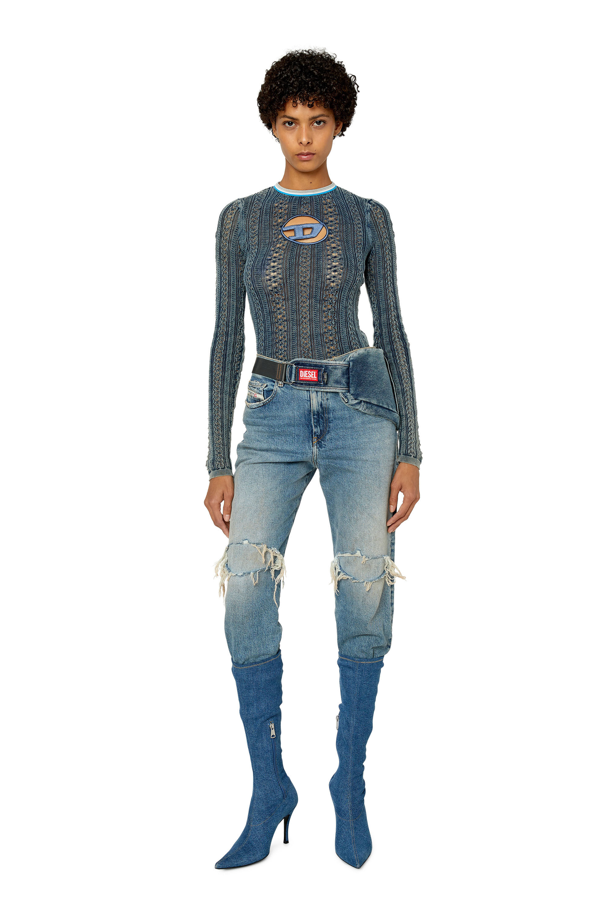 Diesel - M-IKYLA, Female's Pointelle jumper with oval D cutout in Blue - 1