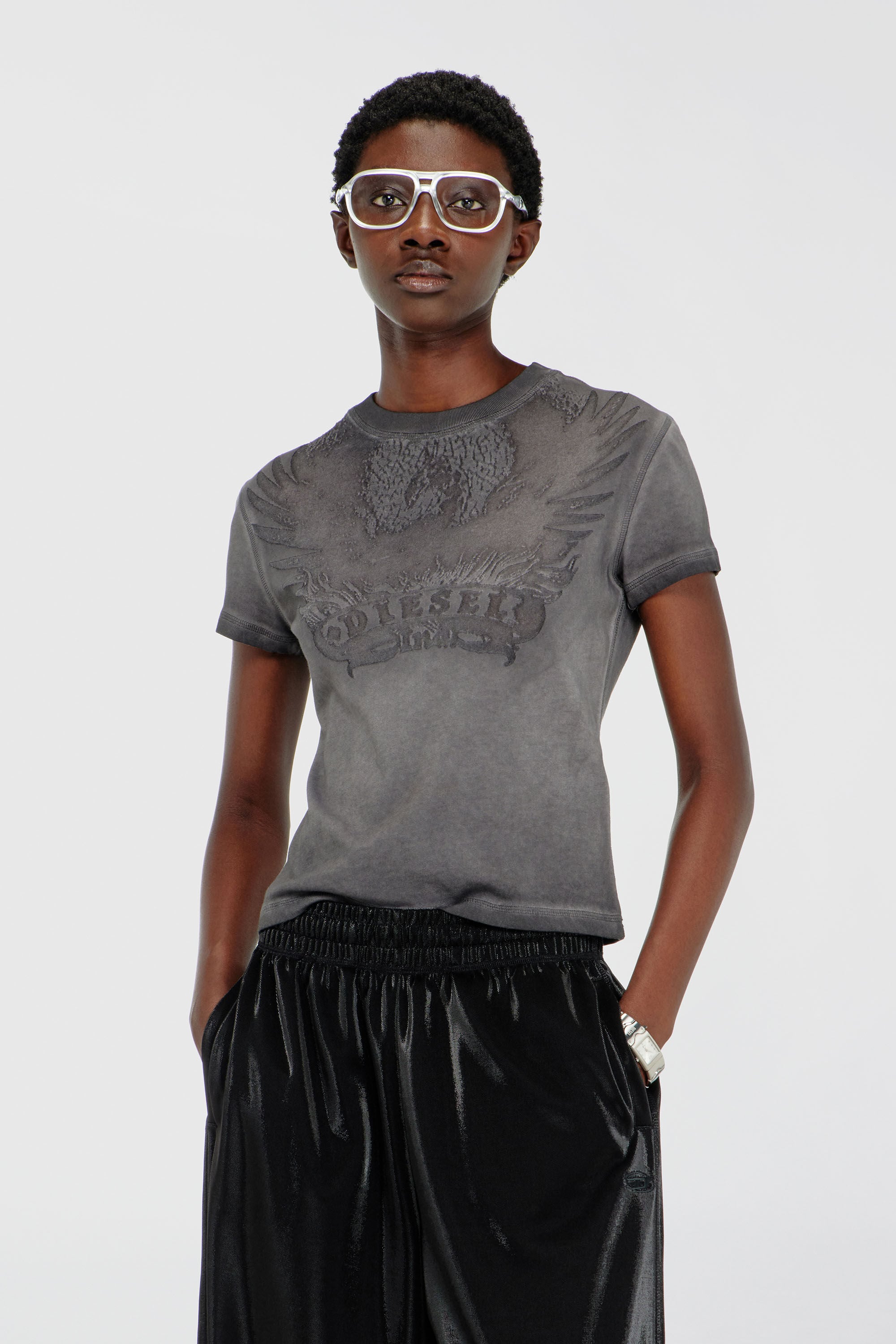Diesel - T-ILA-AA7, T-shirt slim avec d&eacute;vor&eacute; Phoenix Femme in Gris - 3