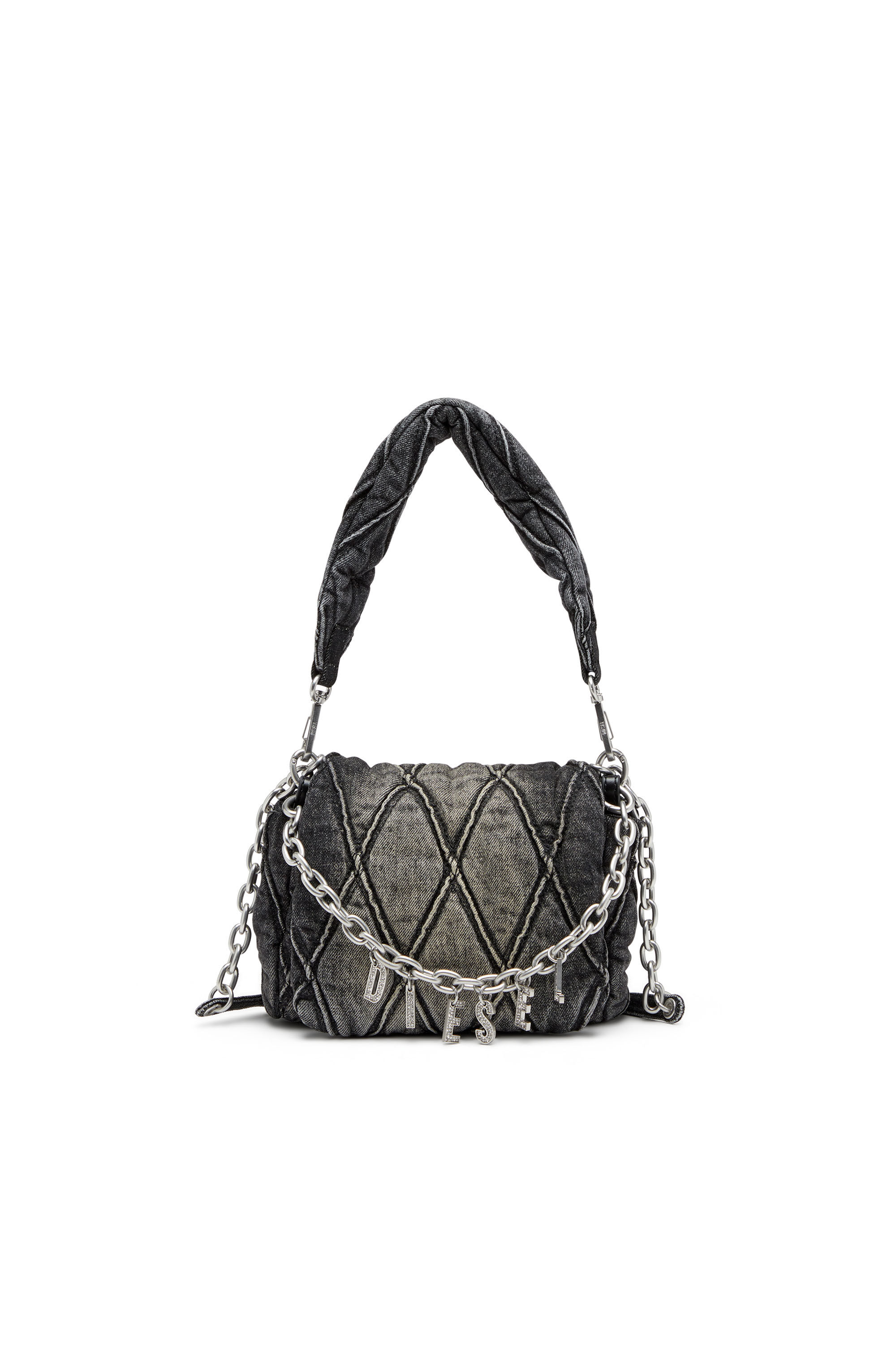 Women's Charm-D S-Small shoulder bag in quilted denim | Black | Diesel
