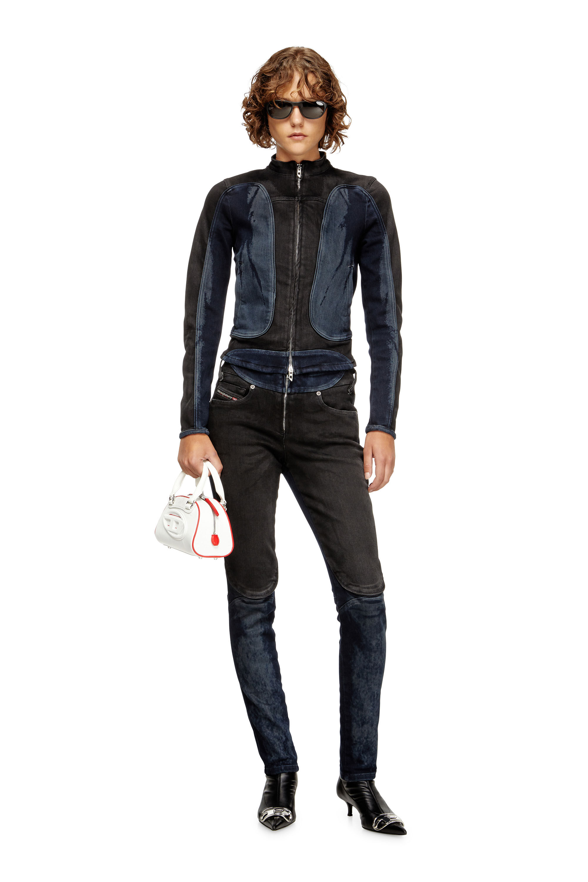 Diesel - DE-MORNY-S, Female's Biker-style jacket in bicolour denim in Black/Blue - 1