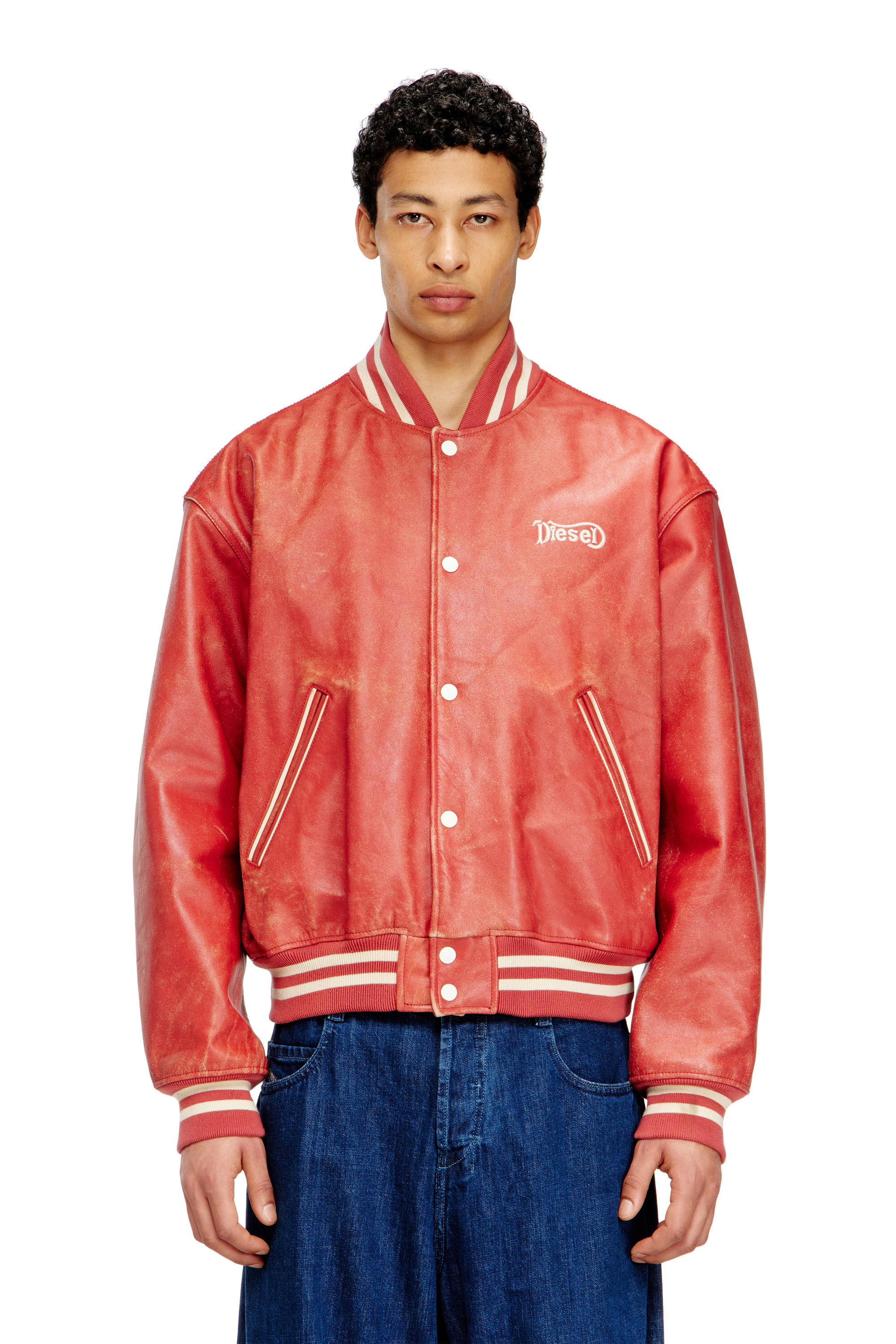 Women's Leather bomber jacket with Diesel logo | Red | Diesel