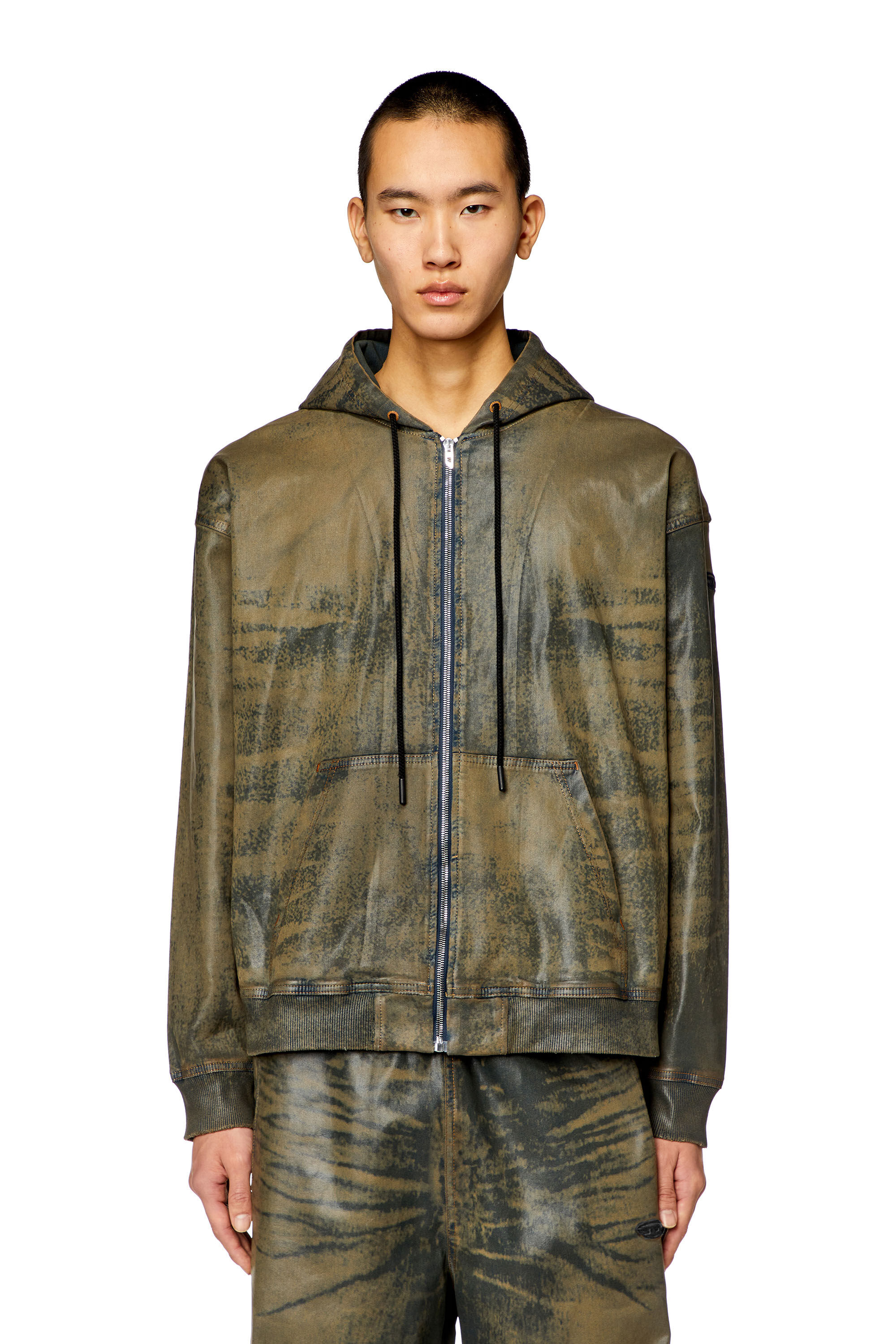 Women's Zip hoodie in laser-print Track Denim | Brown | Diesel Women's Zip hoodie in laser-print Track Denim | Brown | Diesel