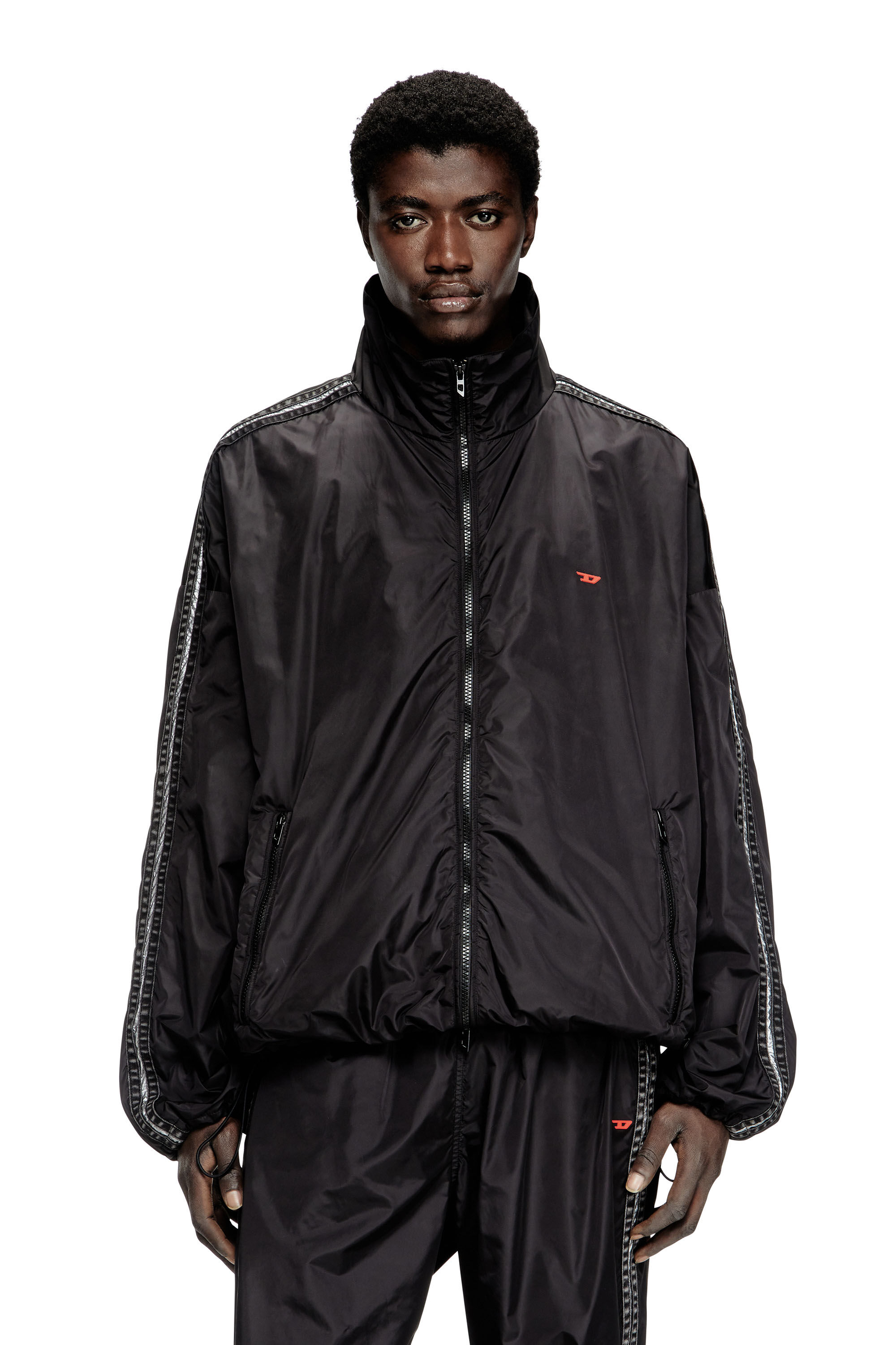 Men's Nylon track jacket with denim bands | Black | Diesel