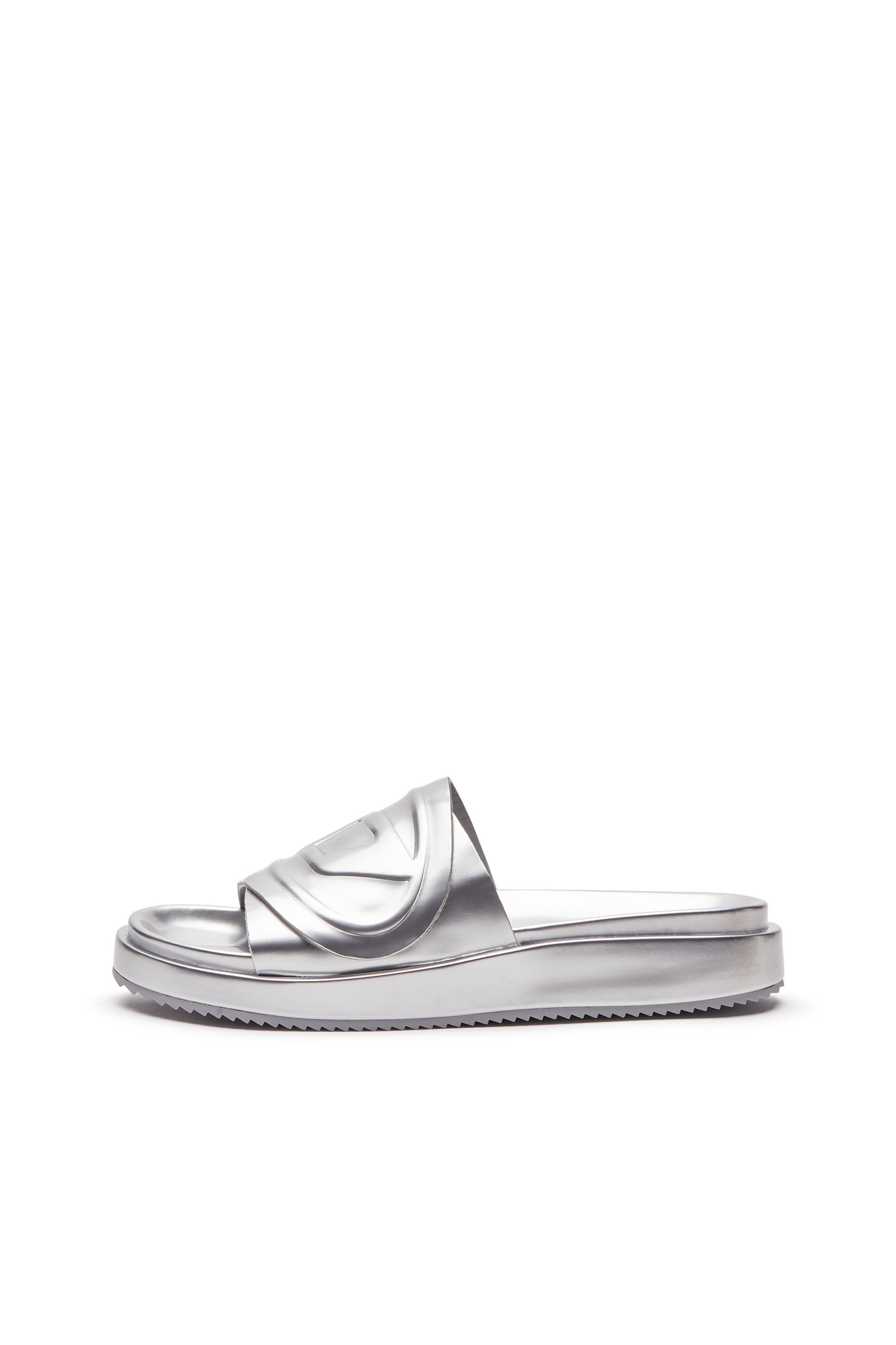 Diesel - SA-SLIDE D OVAL W, Female's Sa-Slide D-Metallic slide sandals with Oval D strap in Silver - 7