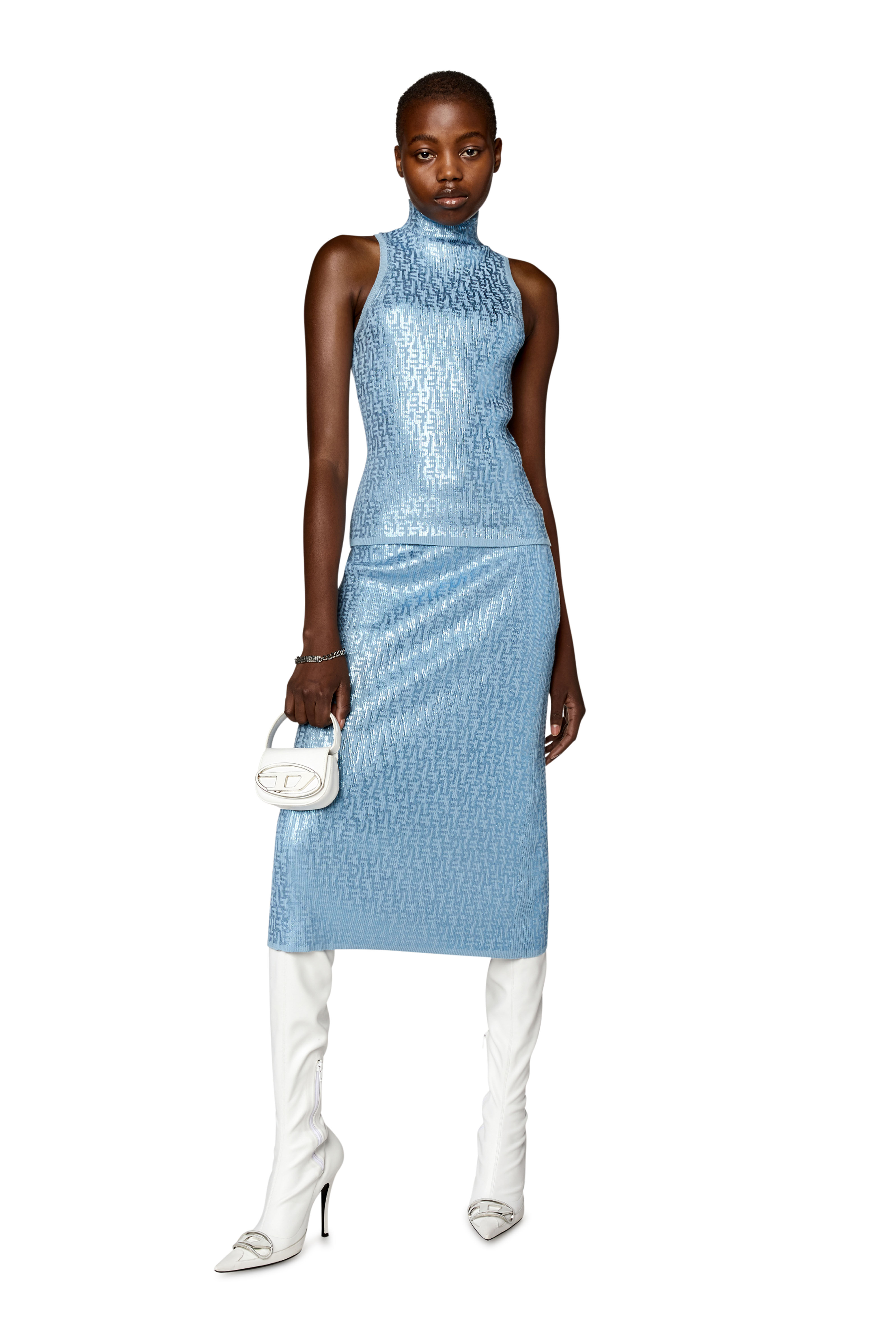 Diesel - FF-M-IKARIA, Female's Midi skirt with metallic monogram print in Light Blue - 1