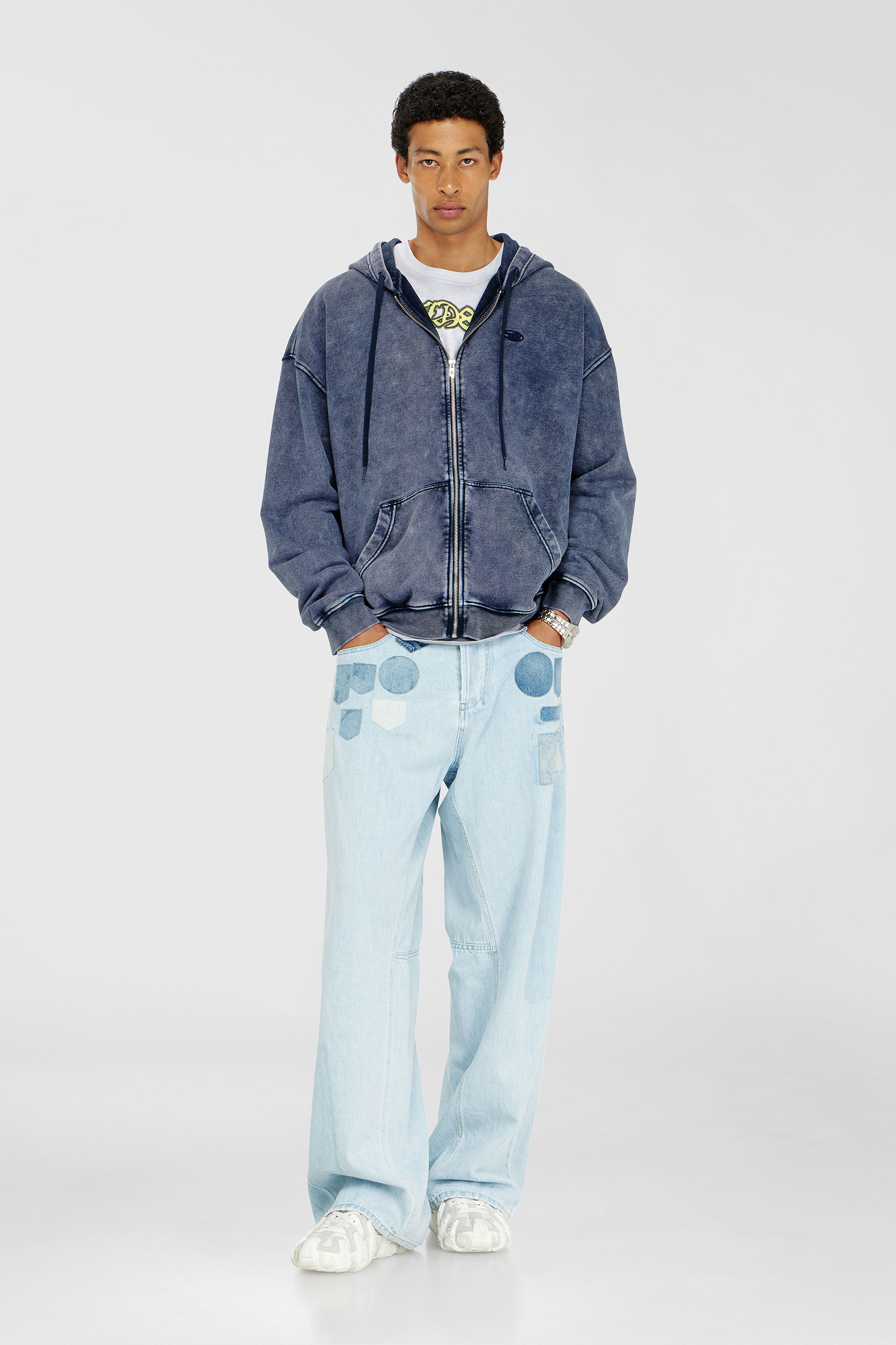 Men's Zip-up hoodie in treated cotton fleece | Blue | Diesel US